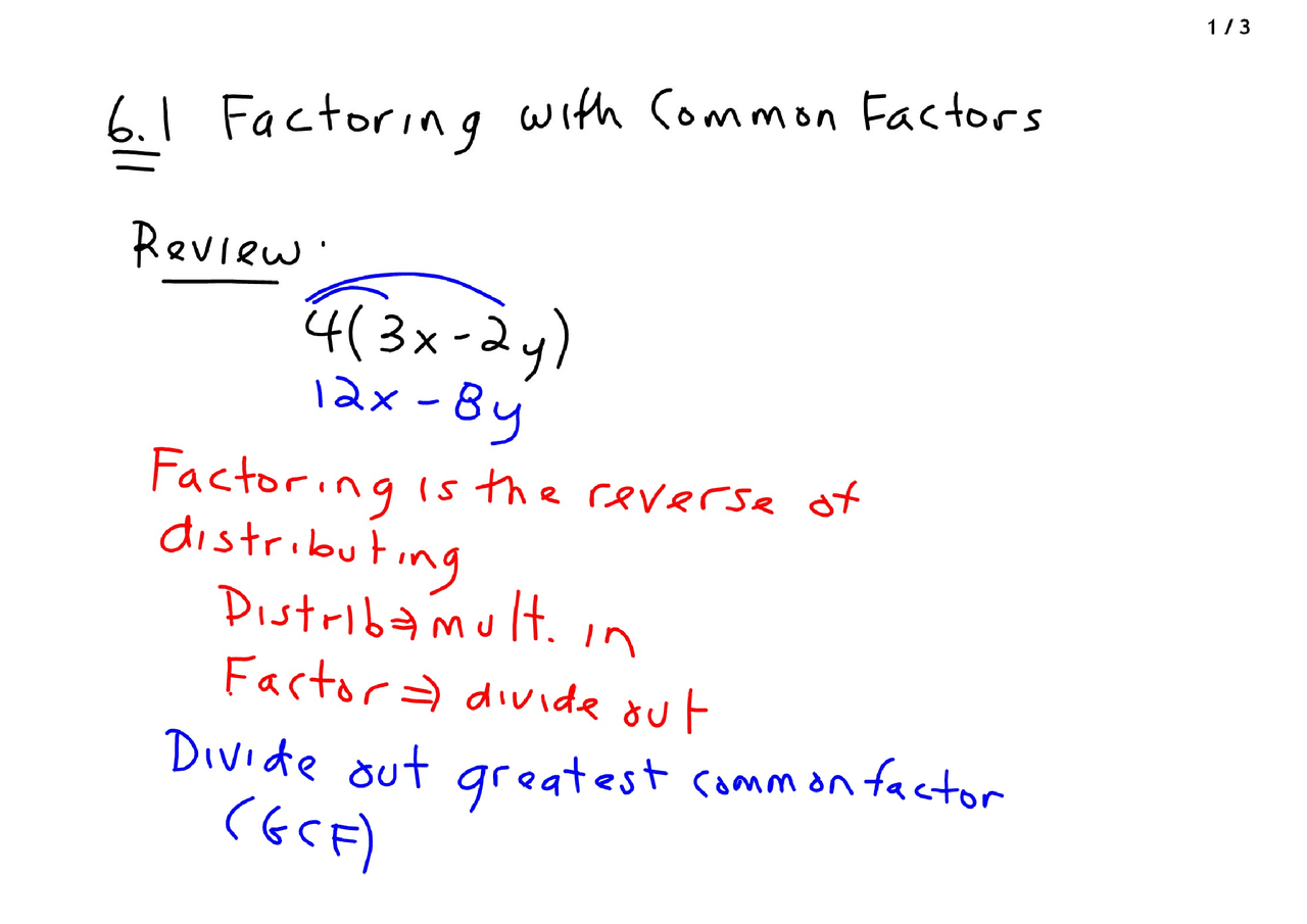 Reverse Distribution - Intermediate Algebra - Lecture Handout - Docsity