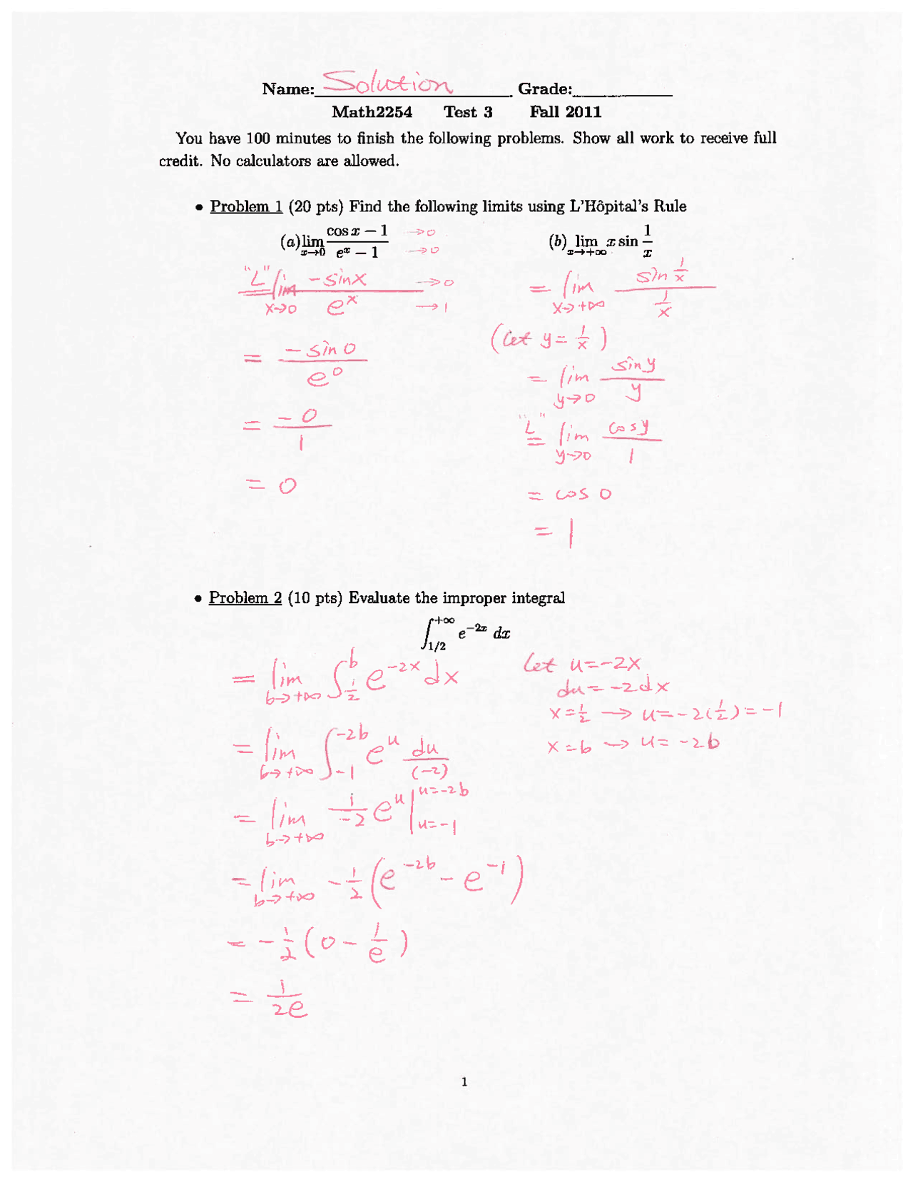 Exam 3 with Solution for Calculus II | MATH 2254 - Docsity