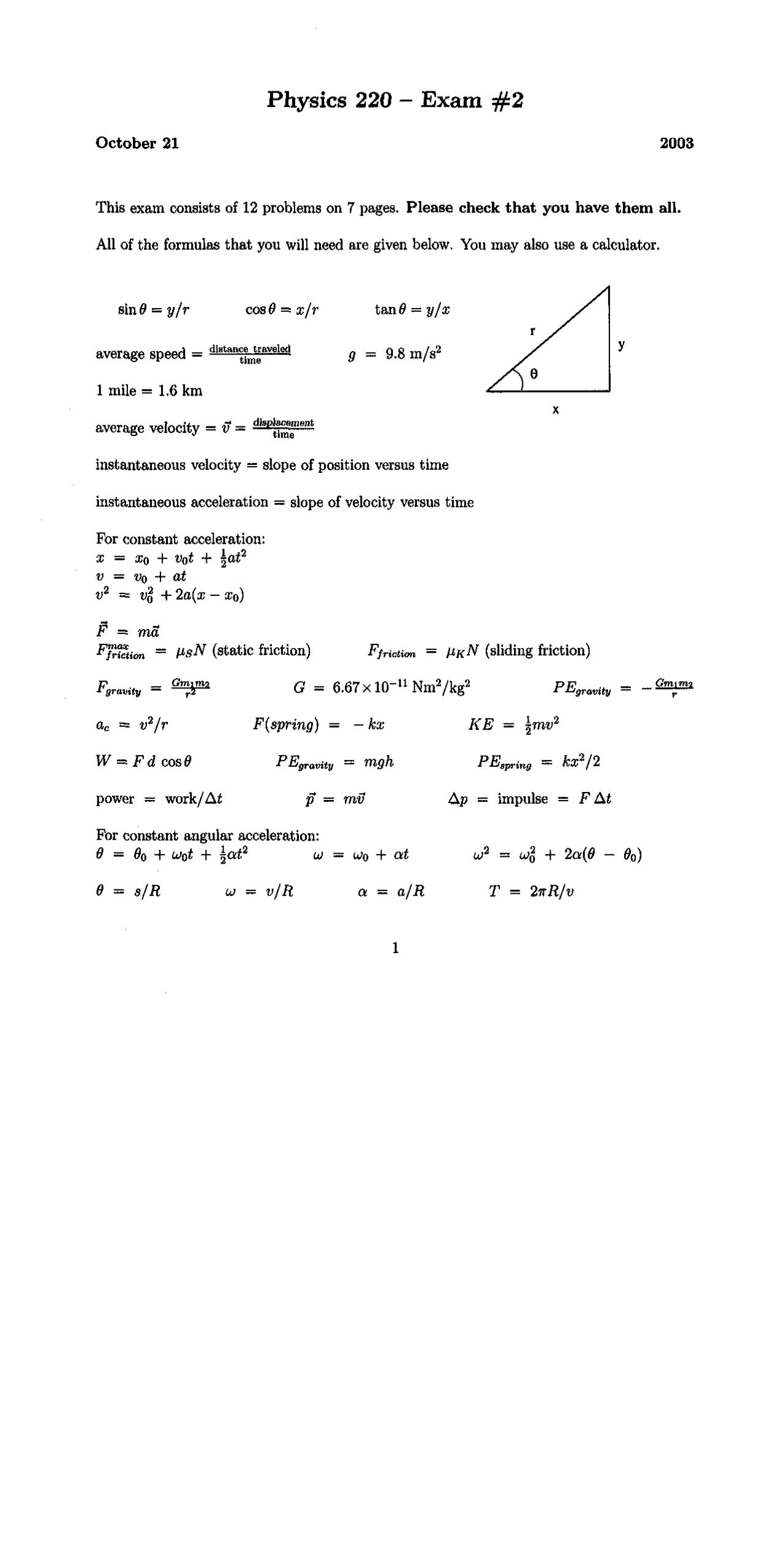 Spring Constant of Sling Shot - General Physics - Past Exam - Docsity