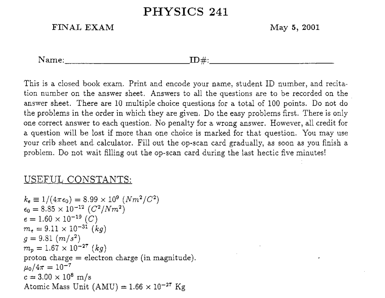 Identical Charges - Electricity and Optics - Solved Exam - Docsity