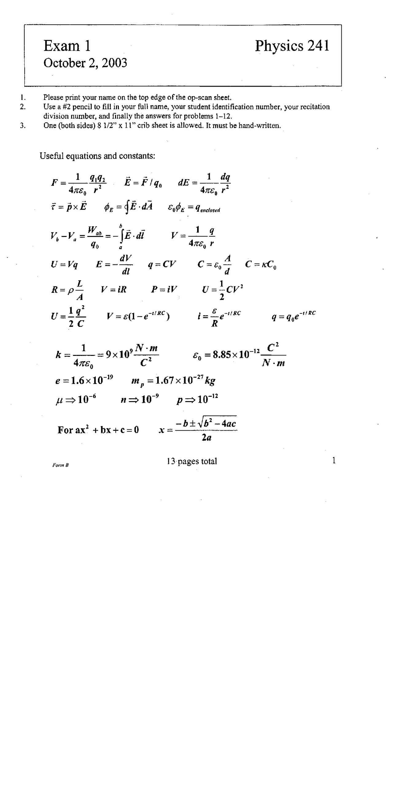 Electrostatic Force - Electricity and Optics - Exam Paper - Docsity