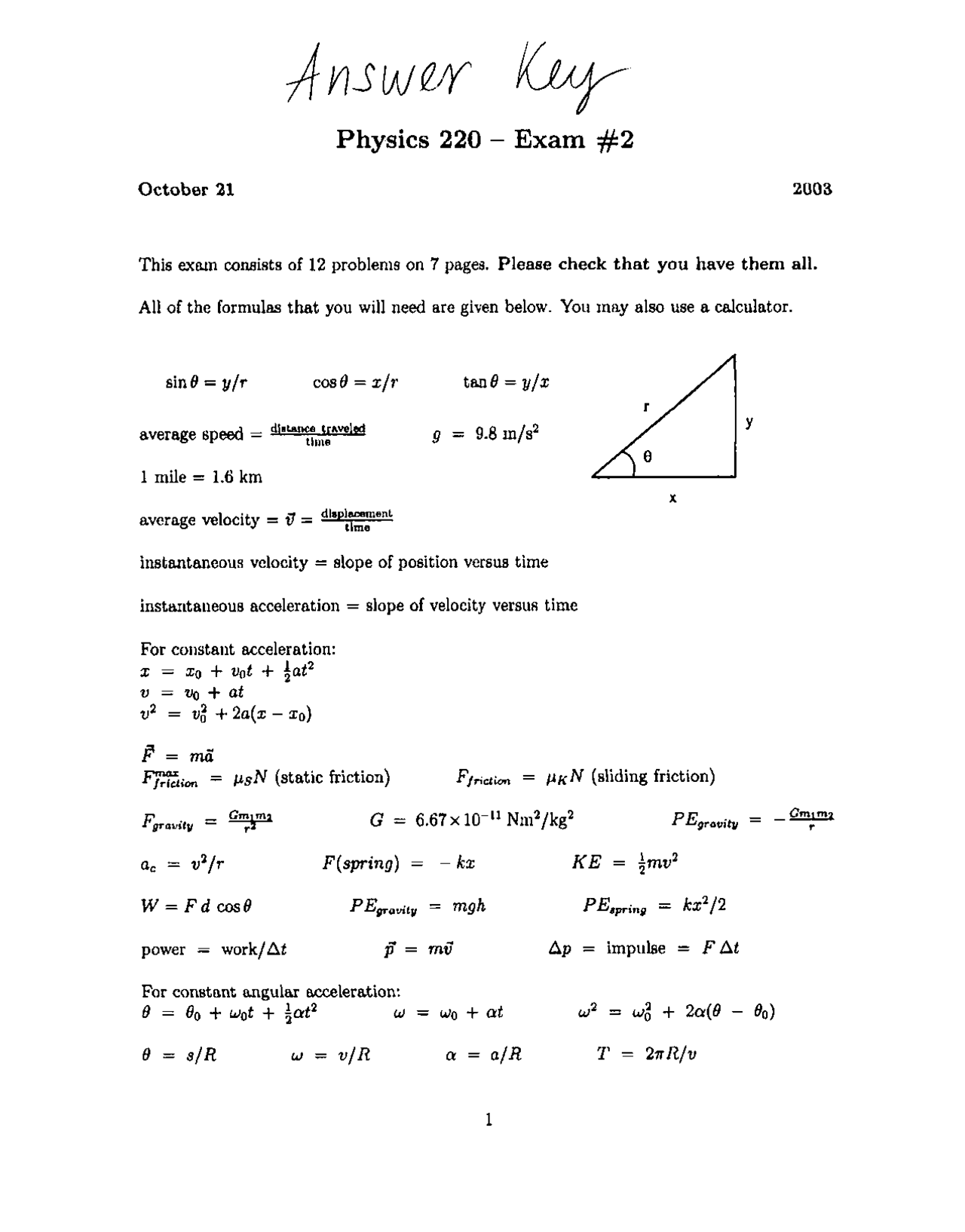 Spring Constant General Physics Solved Exam Docsity
