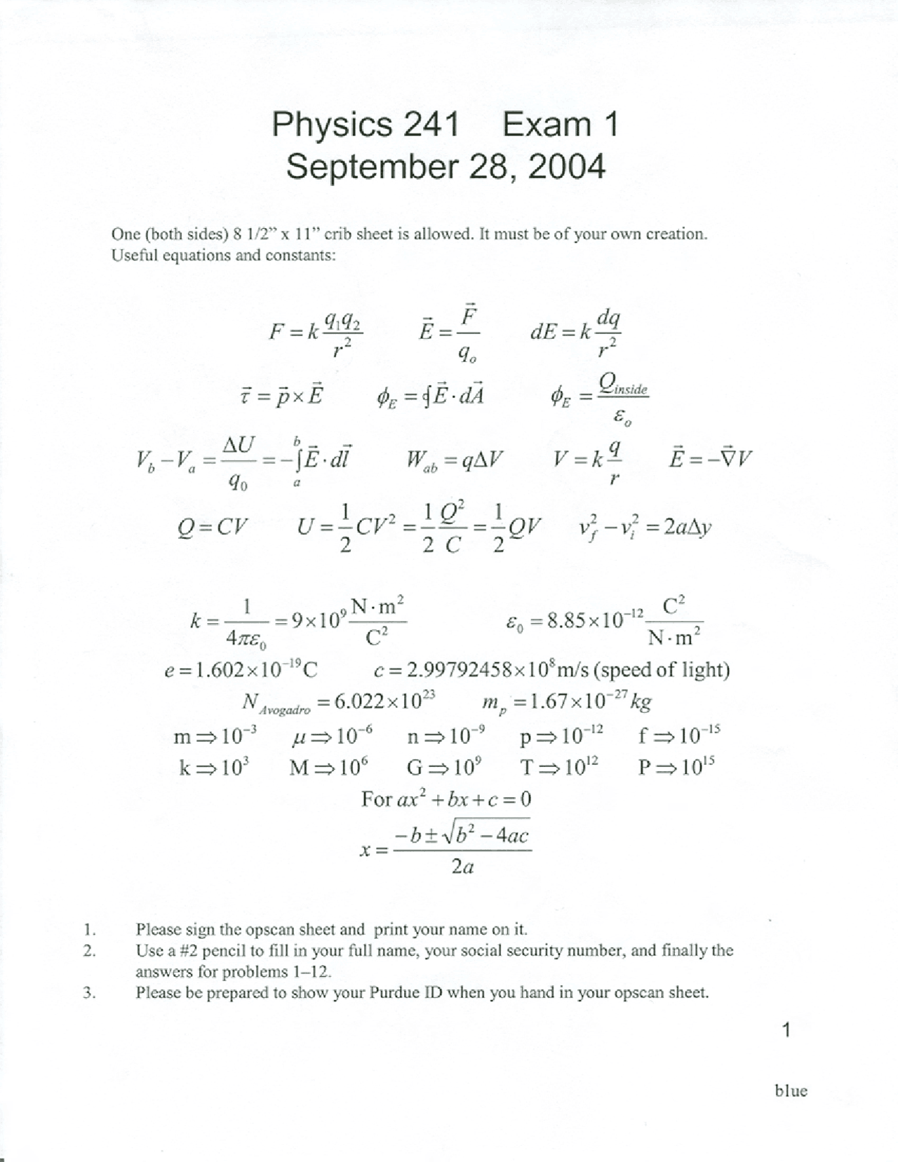 Electrostatic Force Electricity And Optics Solved Exam Docsity