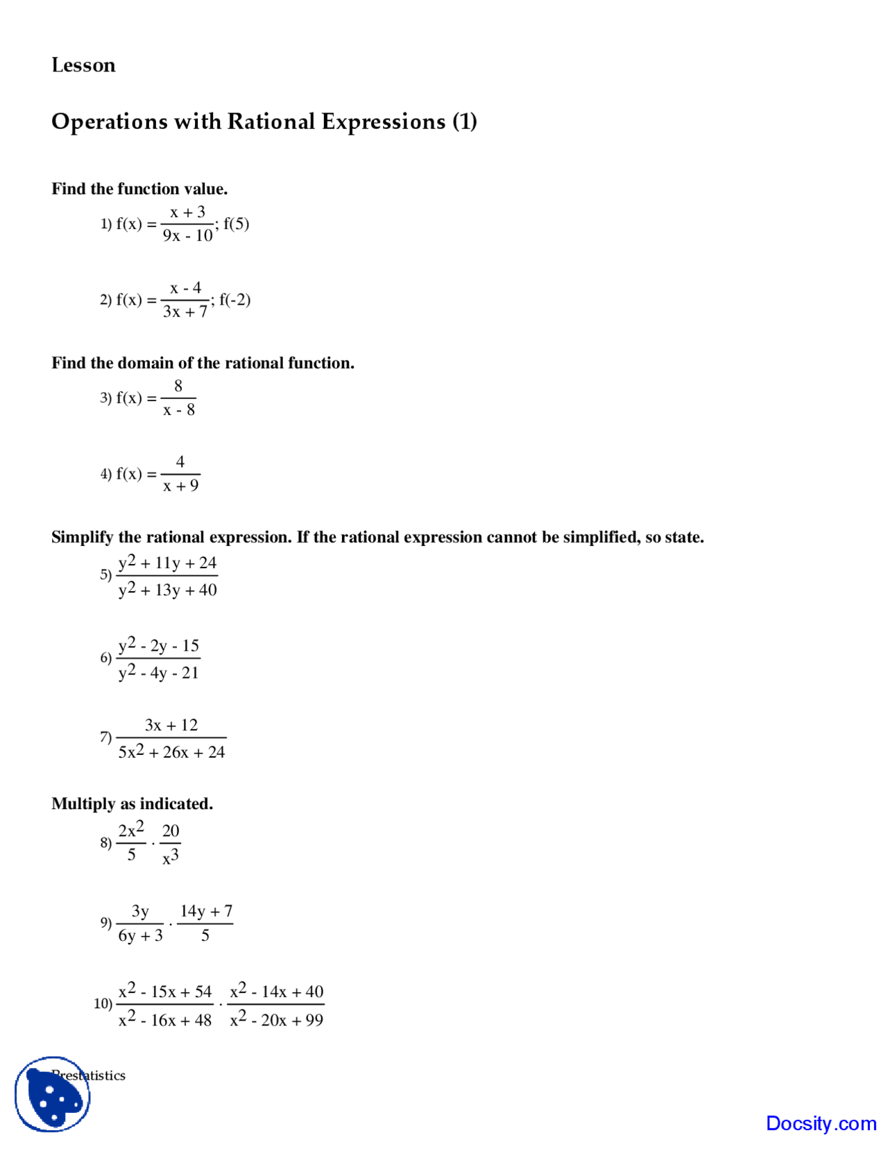Operations Rationals - Statistics - Exercise - Docsity