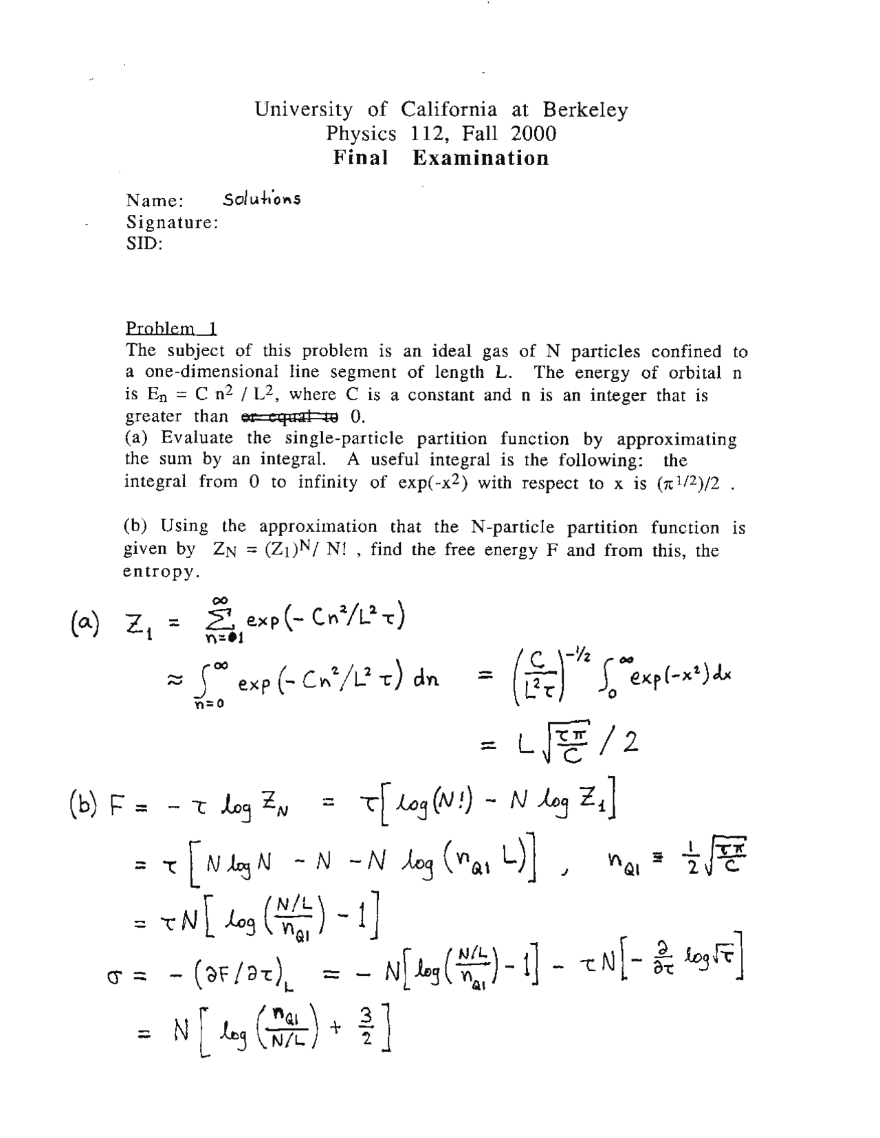 Single Particle Partition Function Solid State Physics Solved Paper Docsity