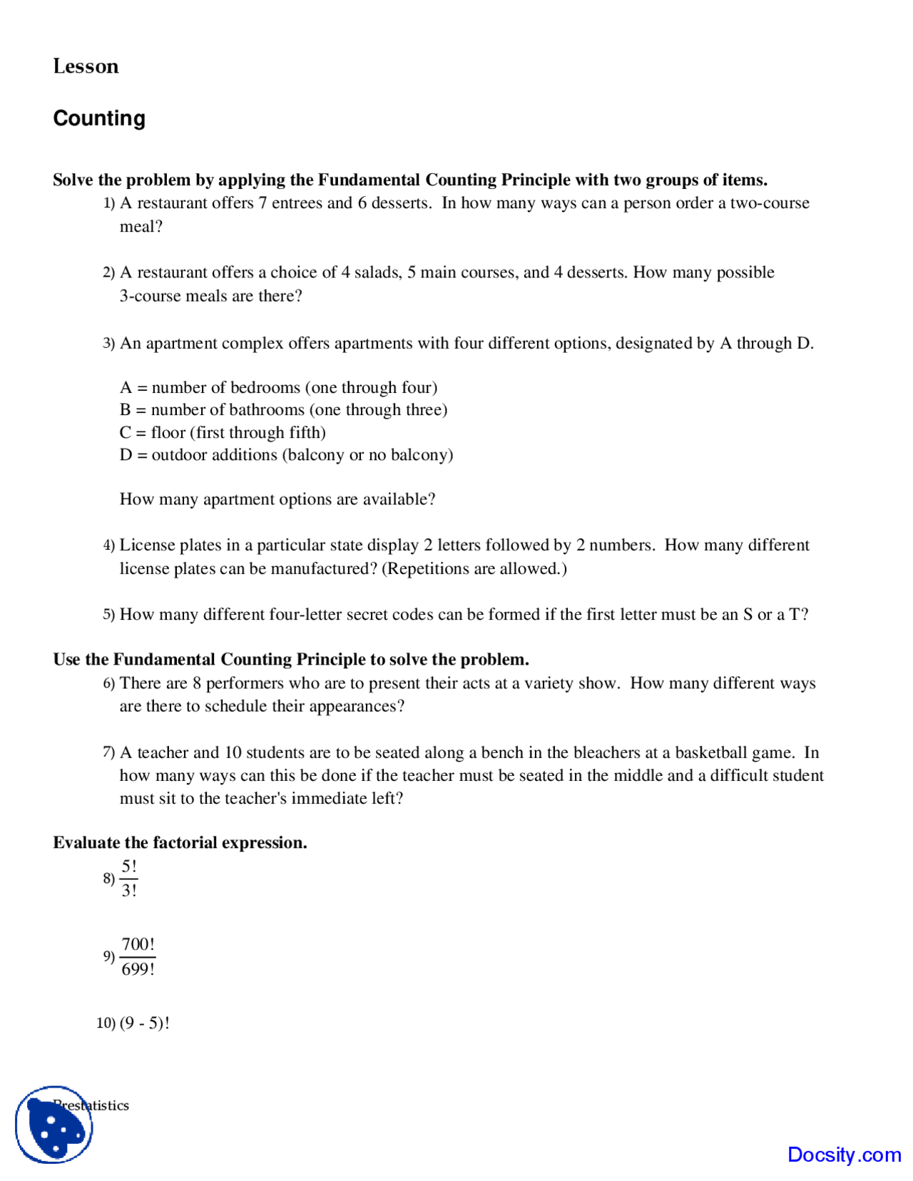 Counting - Statistics - Exercise - Docsity