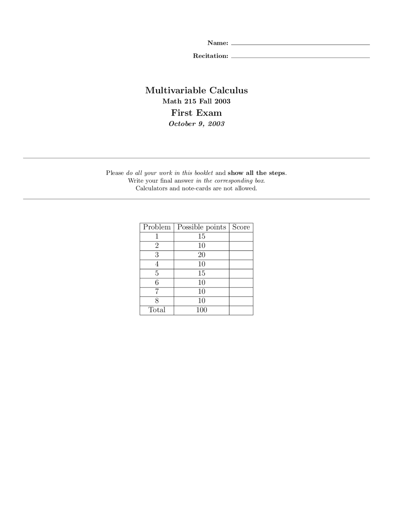 Area of Shadow - Multivariable Calculus - Solved Past Paper - Docsity