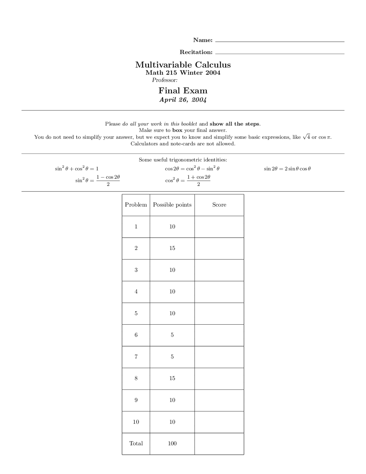 Gradient Vectors - Multivariable Calculus - Past Paper - Docsity