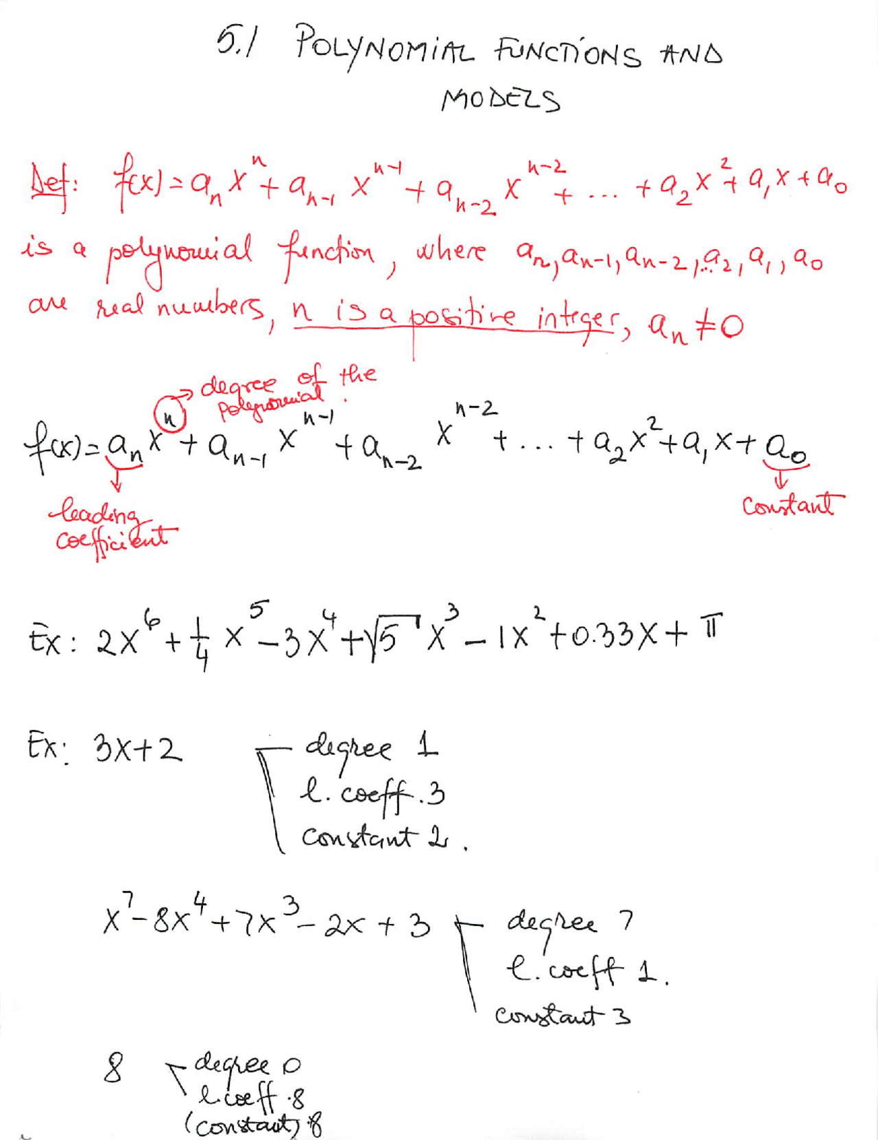 Polynomial Functions - College Algebra - Lecture Notes - Docsity