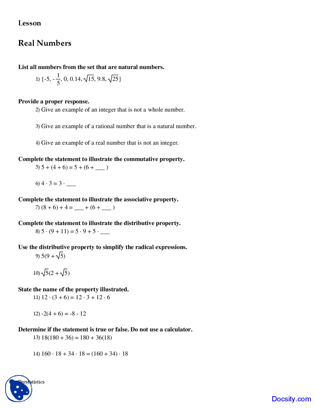 Real Numbers and Percents - Statistics - Exercise - Docsity