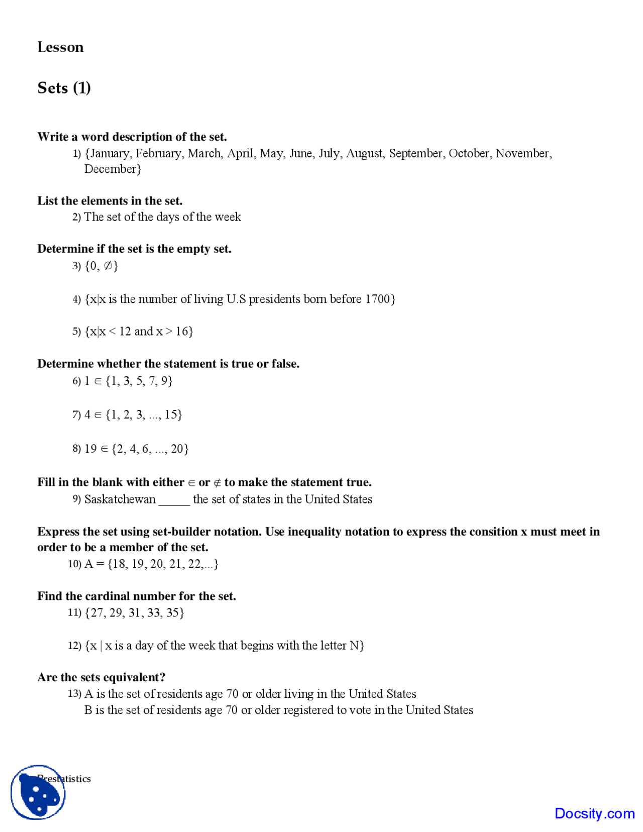 Sets - Statistics - Exercise - Docsity