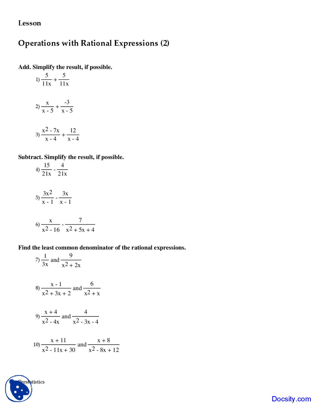 Operations Rationals Two - Statistics - Exercise - Docsity