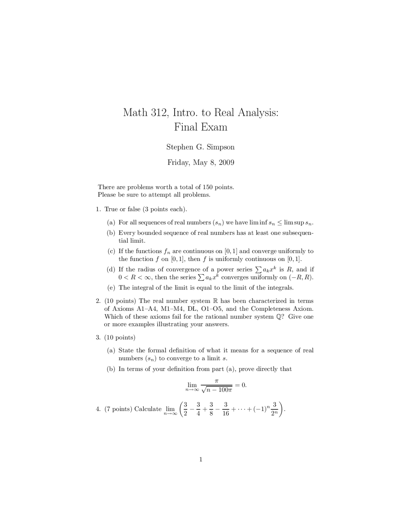 Sequences of Real Numbers - Real Analysis - Exam | Exams Mathematics ...