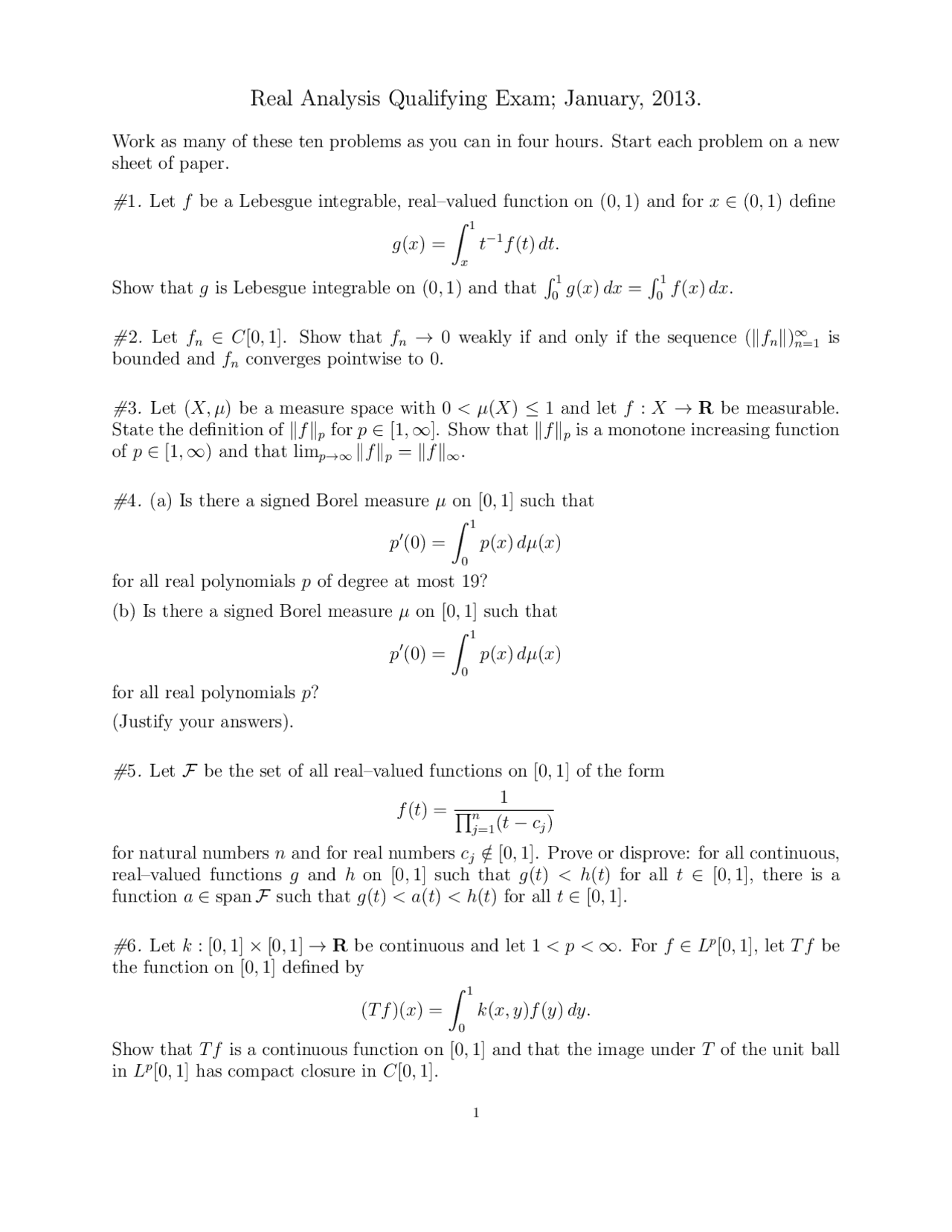 Lebesgue Integrable - Real Analysis - Exam - Docsity