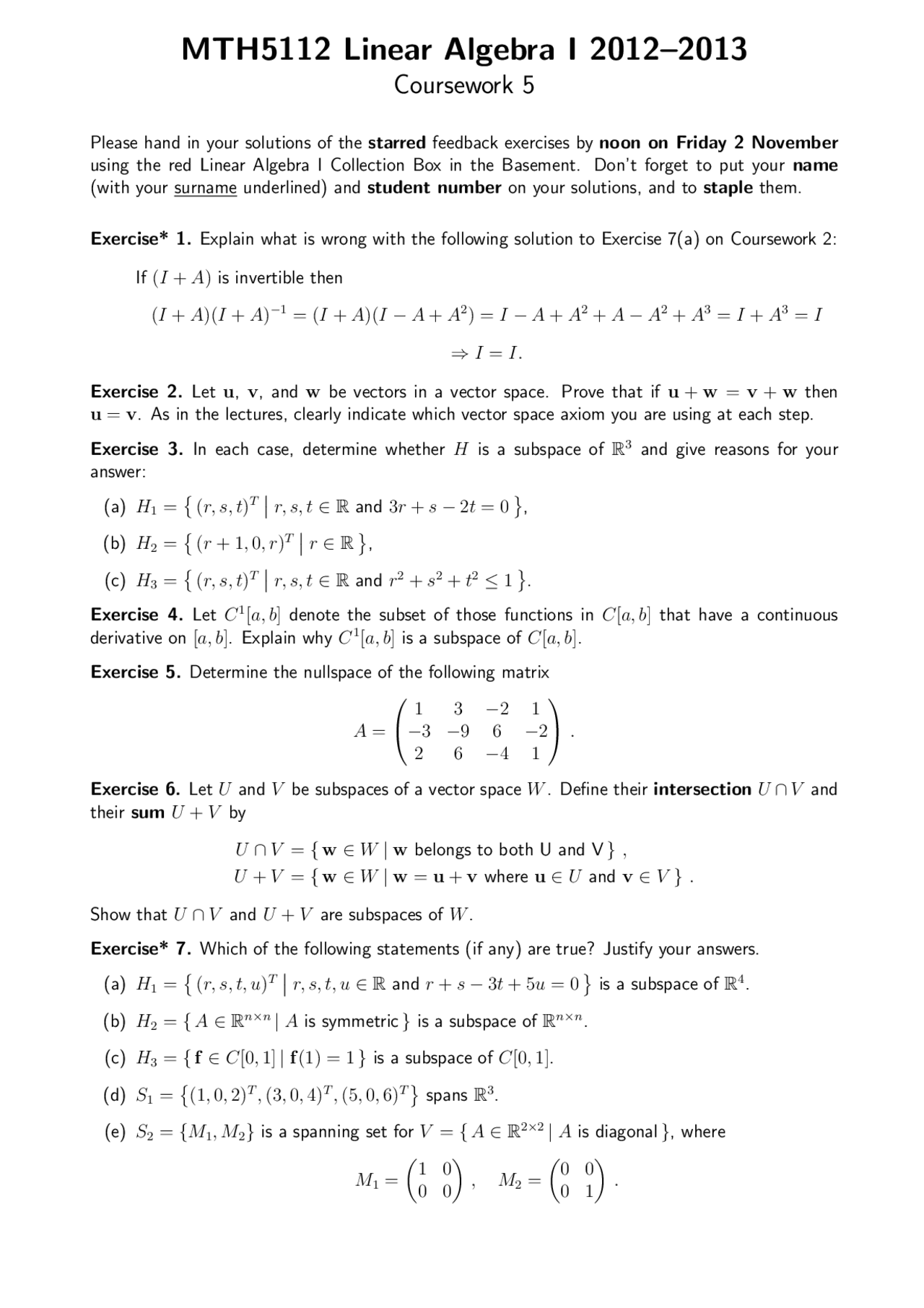 Vector Space - Linear Algebra - Exercise - Docsity