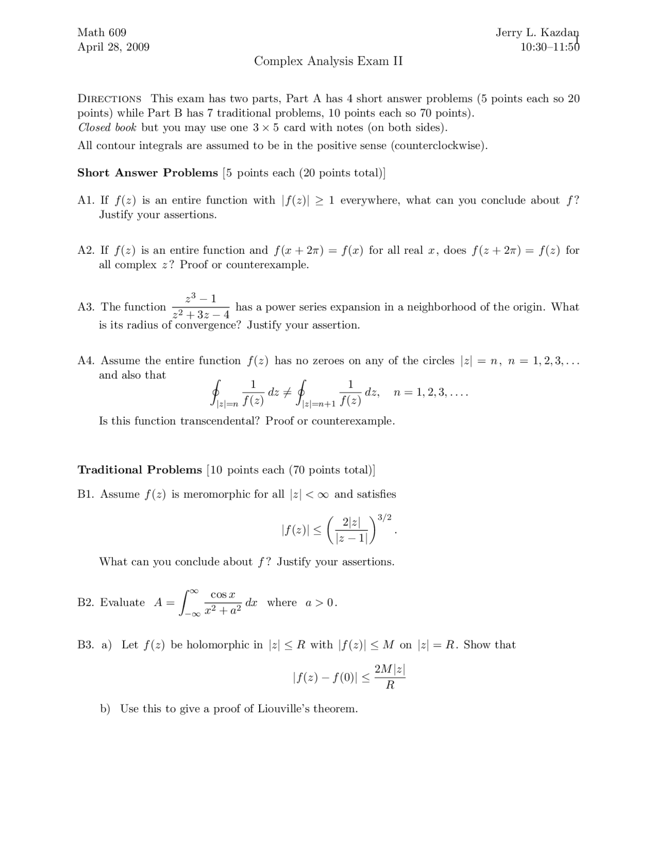 Entire Function - Complex Analysis - Exam | Exams Mathematics - Docsity