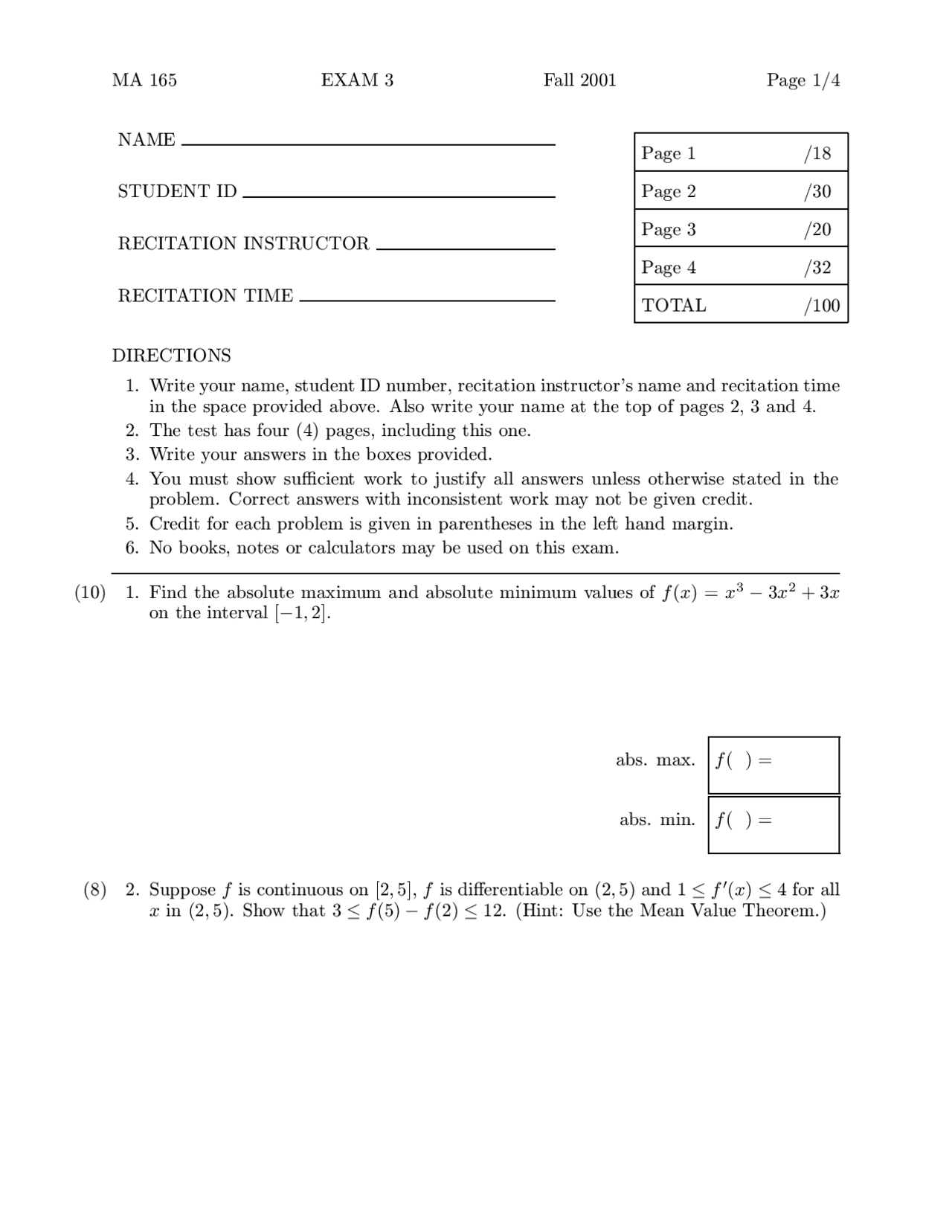Math 165 MA 165 Exam 3 Fall 2001: Mathematics Exam with Problems on Calculus and ...