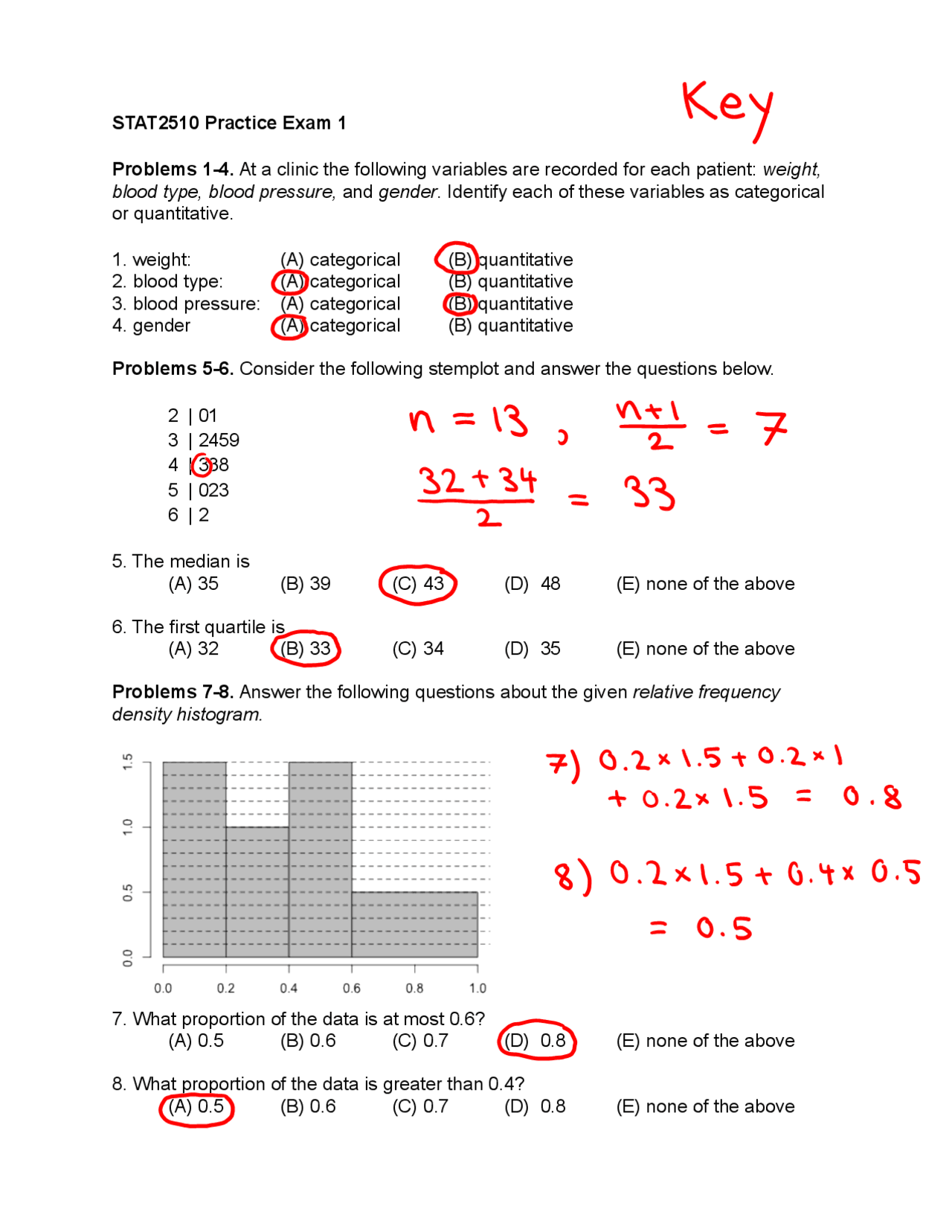 Practice Exam 1 with Answer Key | STAT 2510 | Exams Statistics | Docsity