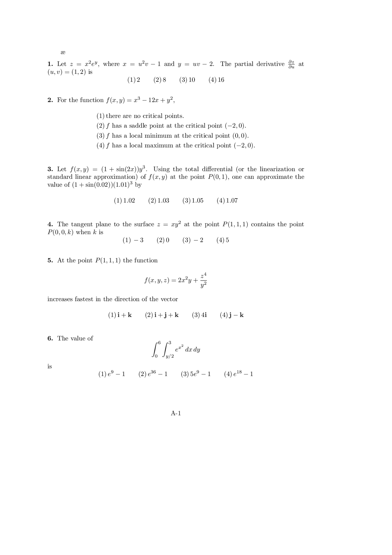 Critical Point - Multivariable Calculus - Exam - Docsity