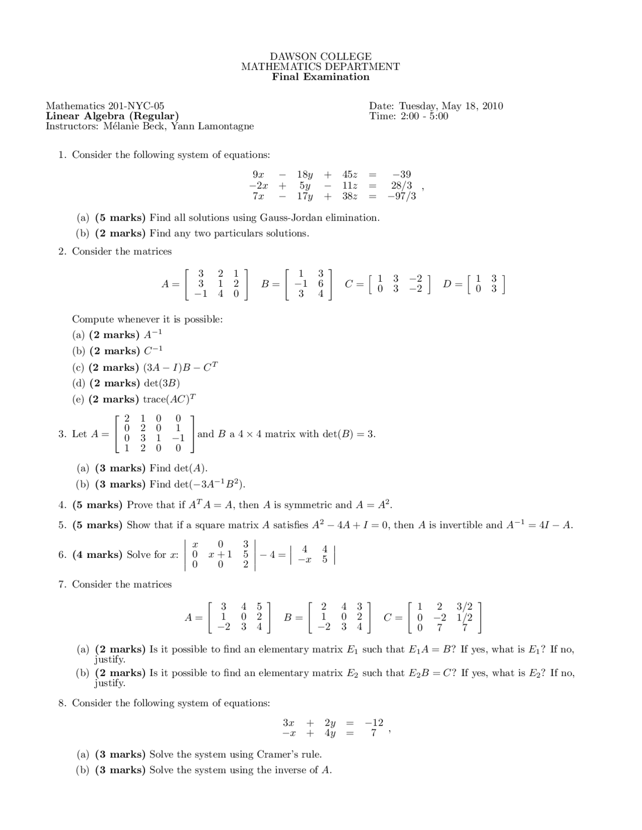 Matrices - Linear Algebra - Exam - Docsity