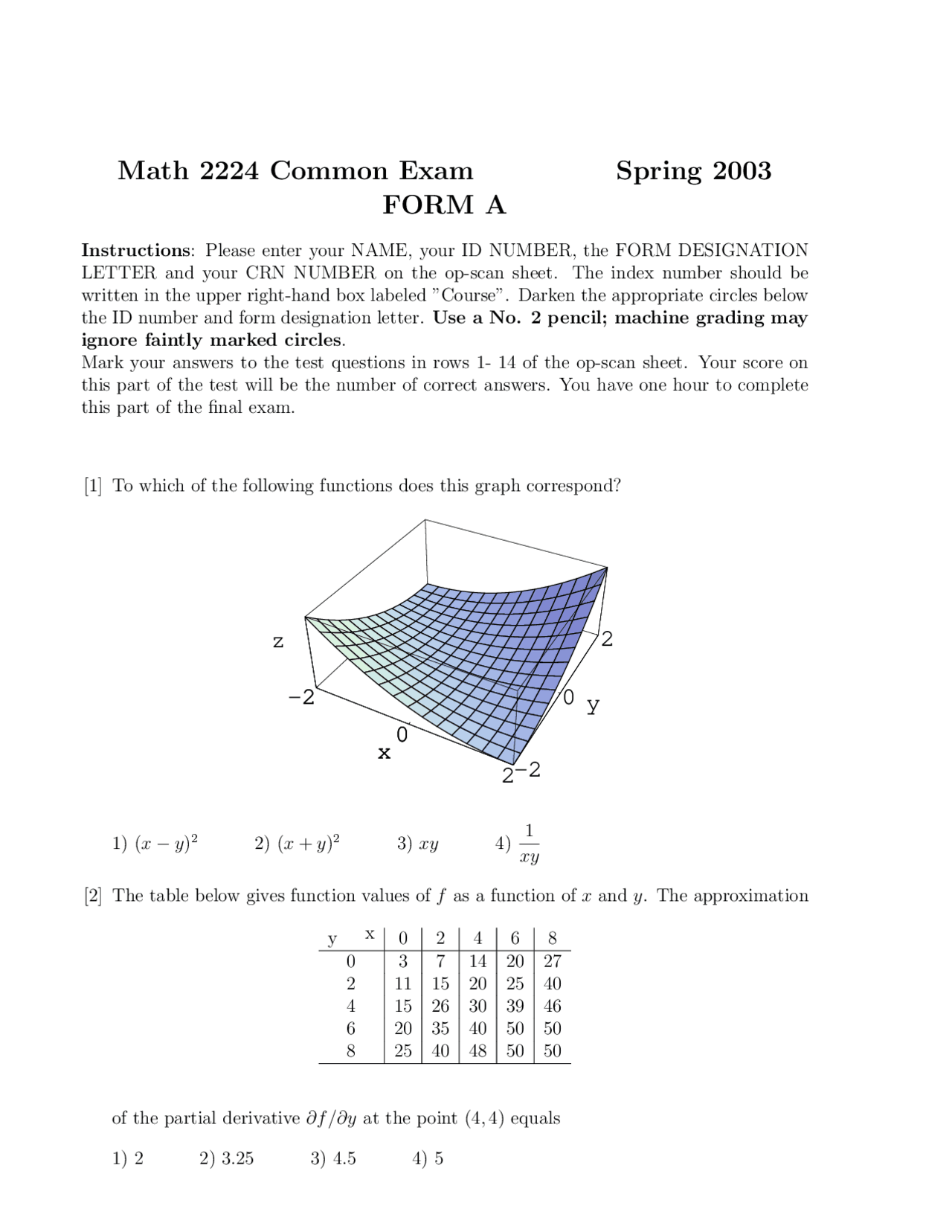 Graph - Multivariable Calculus - Exam - Docsity