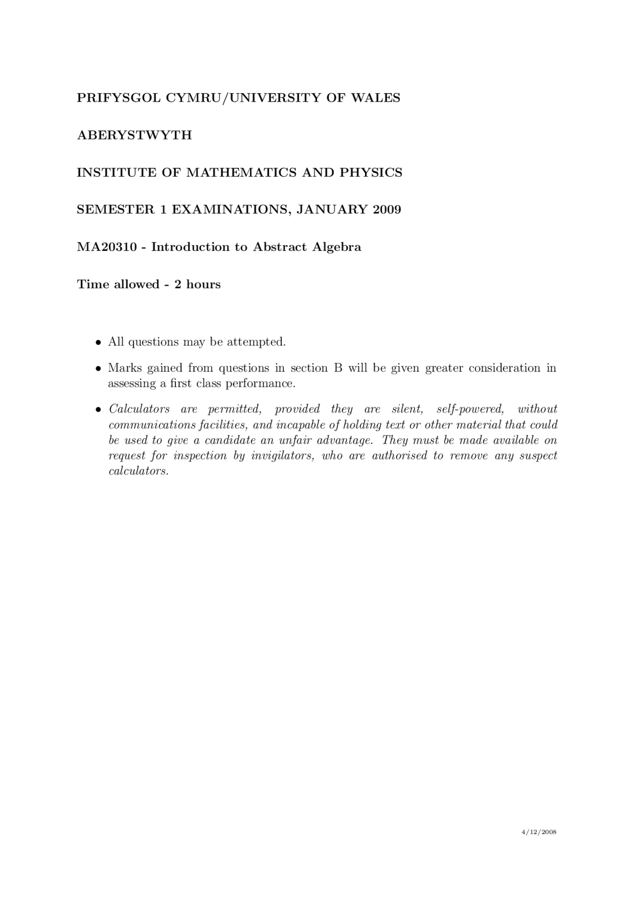 Mapping - Introduction to Abstract Algebra - Exam - Docsity
