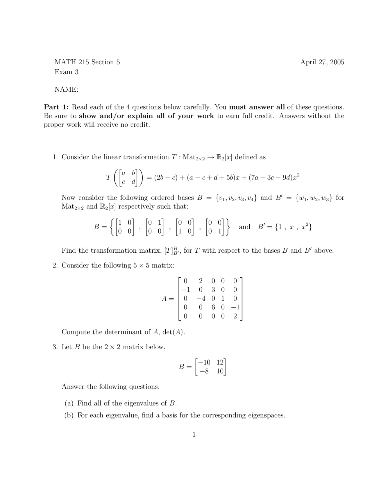 computer science notes - algorithms - computer science... Linear Transformation - Introduction to Linear Algebra- Exam - Docsity