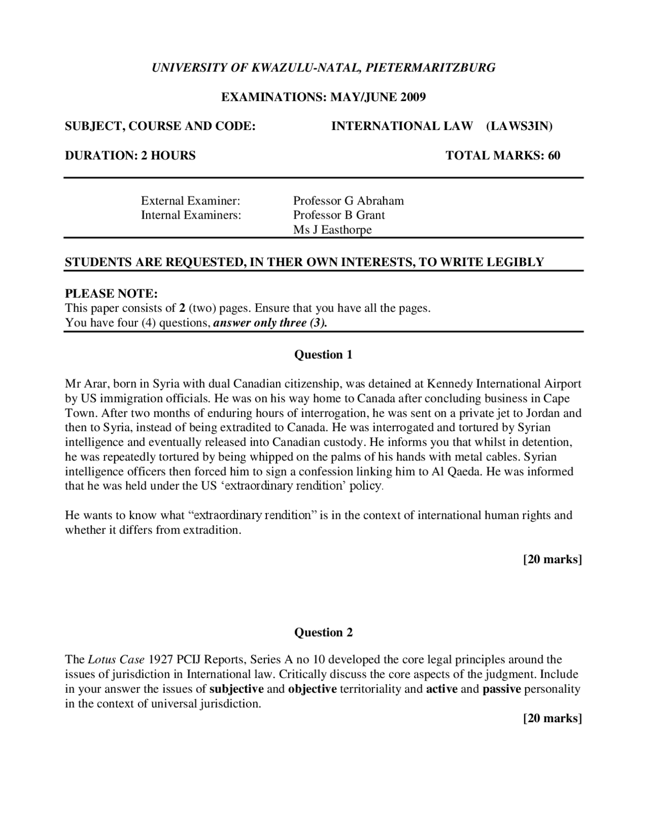 International Human Rights - International Law - Past Paper - Docsity