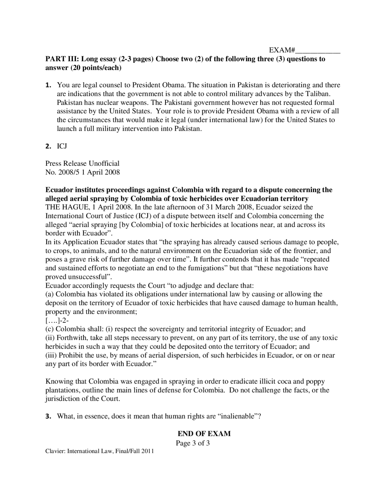 Military Intervention - International Law - Past Paper - Docsity