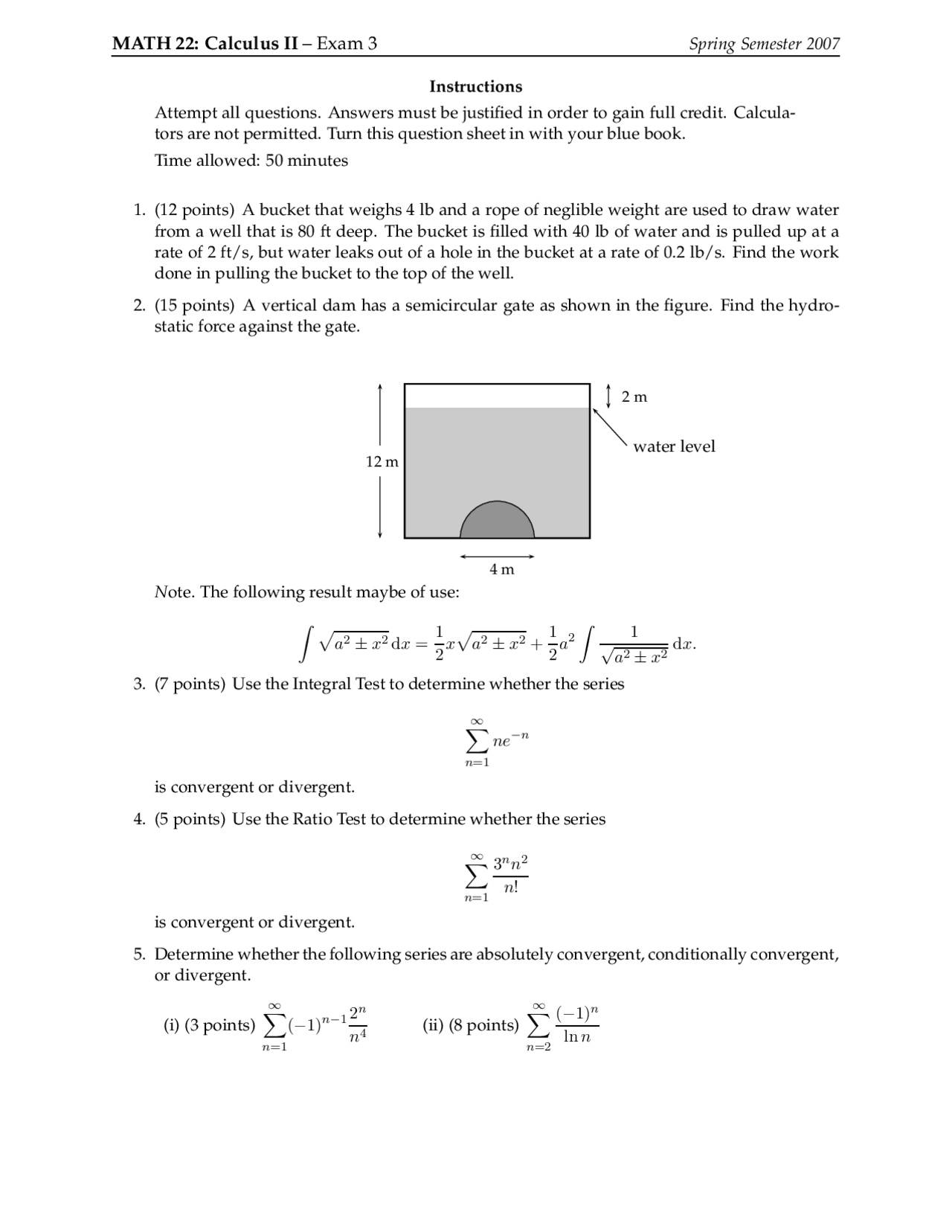 Neglible Weight - Calculus of a Single Variable Two - Exam - Docsity