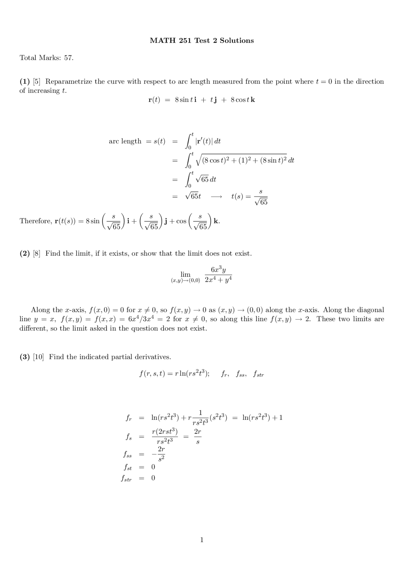 MATH 251 Test 2 Solutions: Calculus Problems | Exams Calculus | Docsity