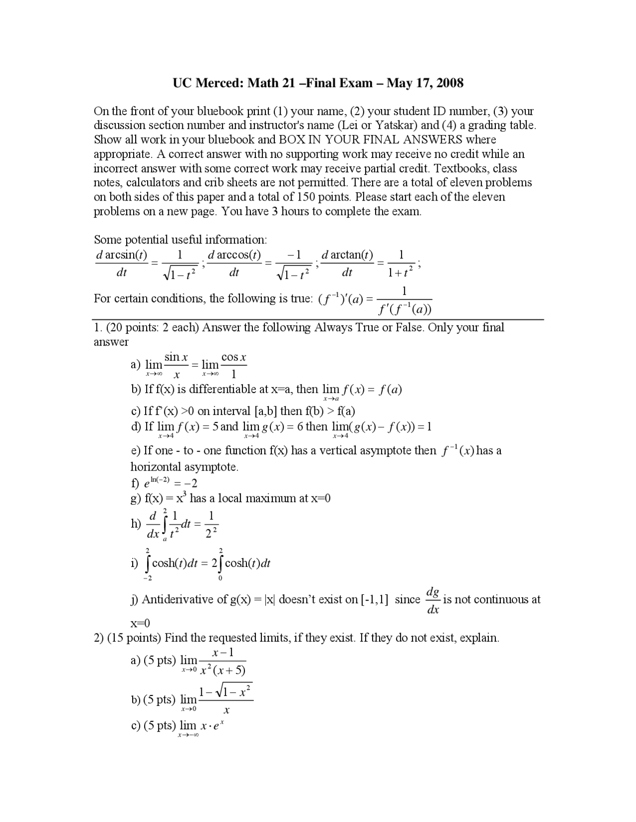 Useful Information - Calculus of a Single Variable One - Exam - Docsity