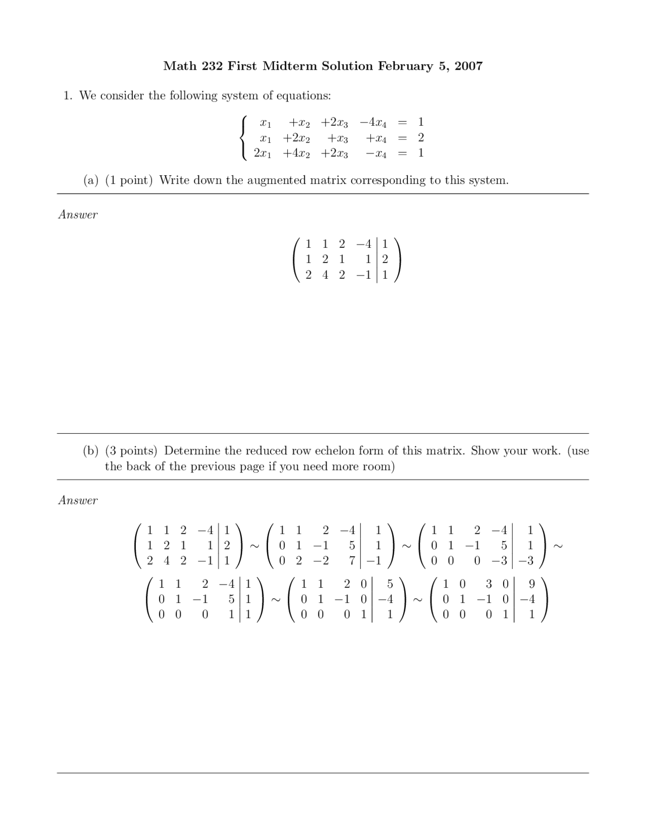 Math Augmented Matrix Worksheets.pdf Augmented Matrix - Applied Linear Algebra - Exam Key - Docsity