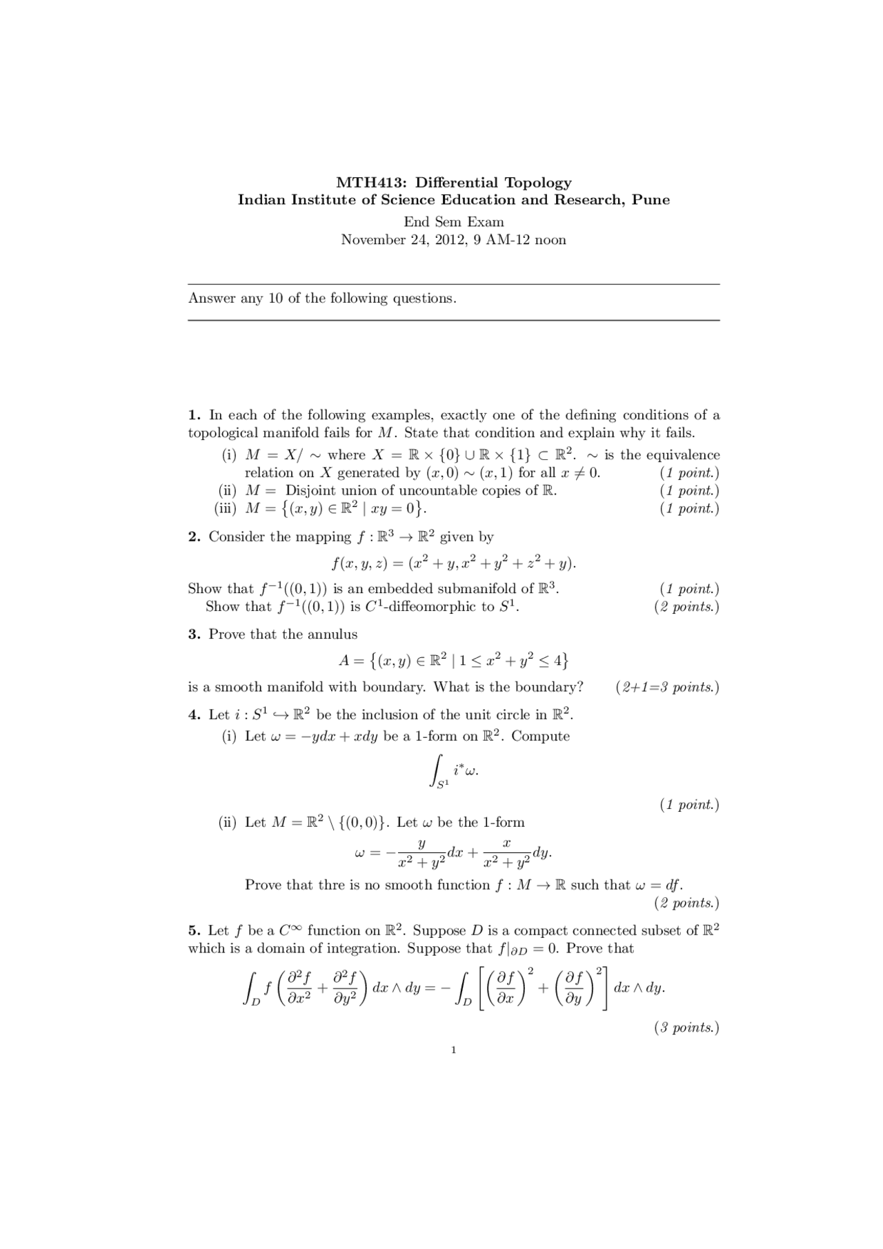 Topological Manifold Differential Geometry Exam Docsity