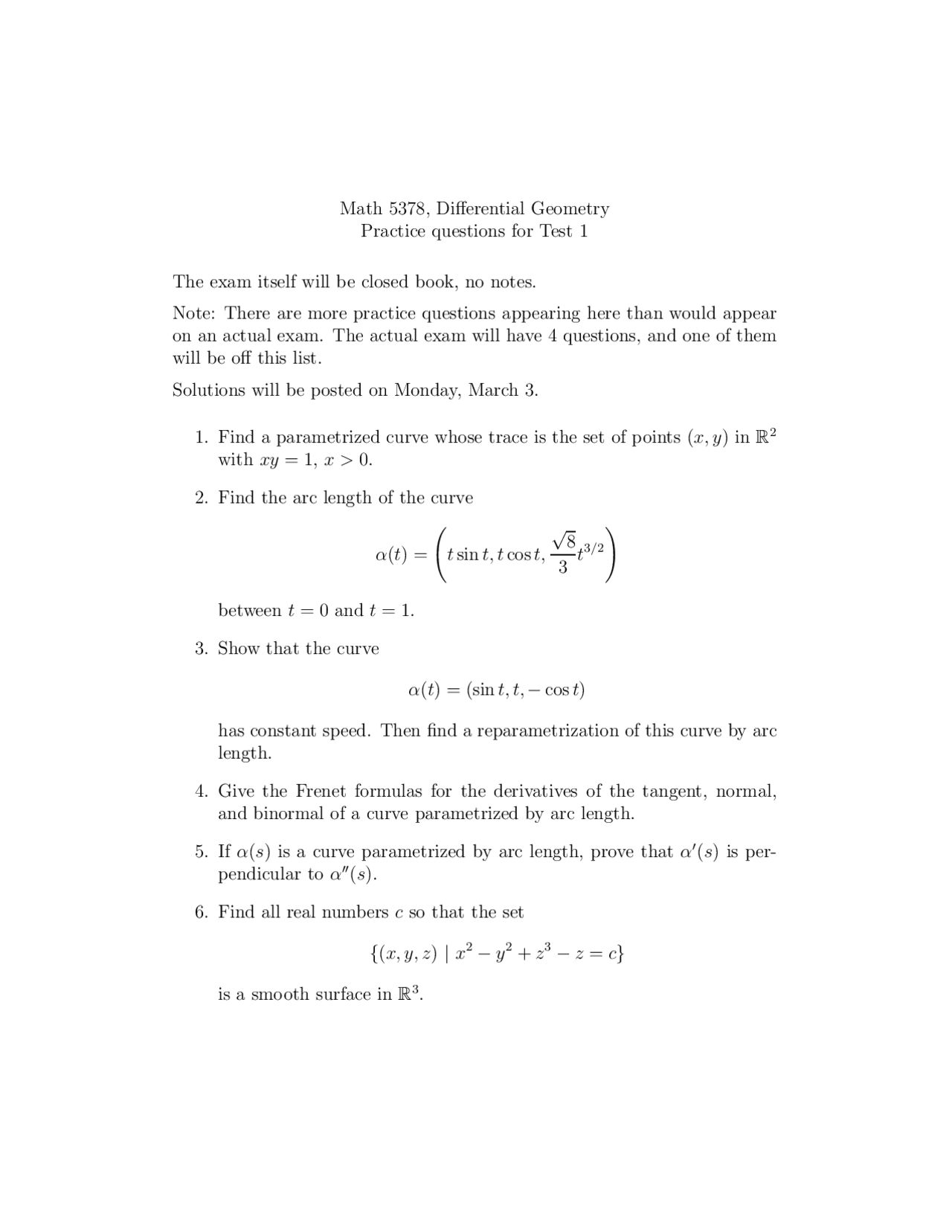 Parametrized Curve Differential Geometry Exam Docsity