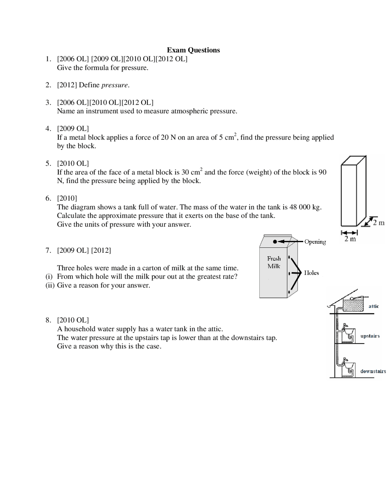 Pressure - General Physics - Solved Exam - Docsity