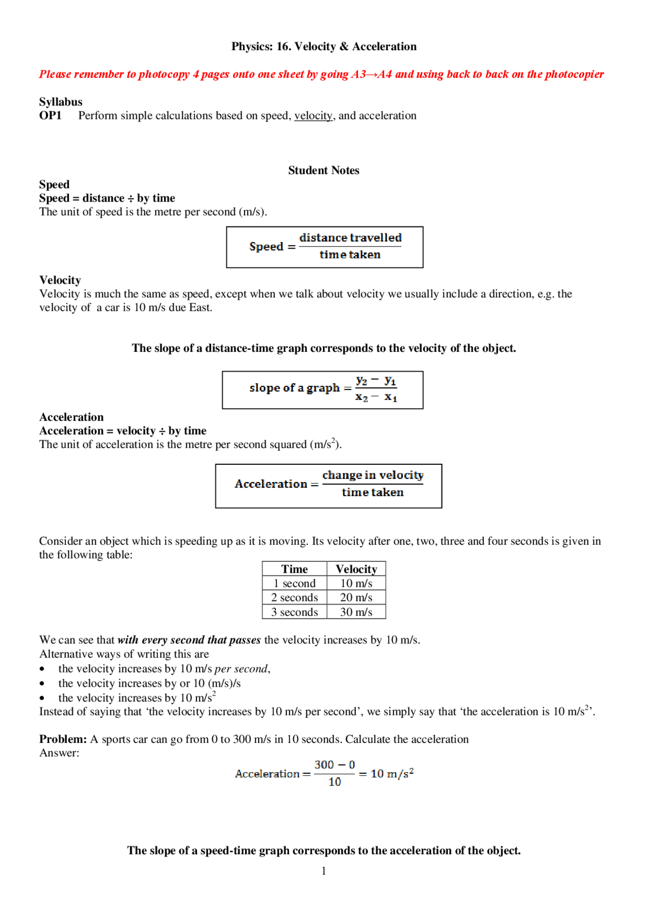 Velocity and Acceleration - General Physics - Lecture Notes - Docsity