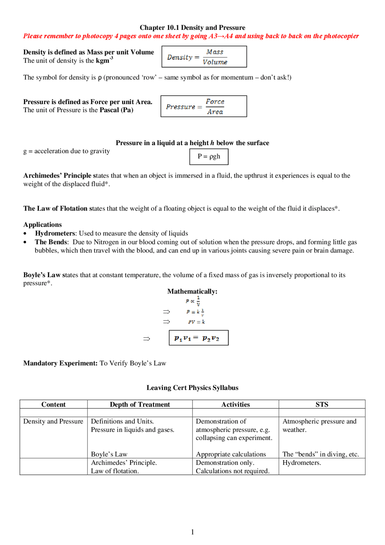 Density and Pressure - General Physics - Lecture Notes | Study notes ...