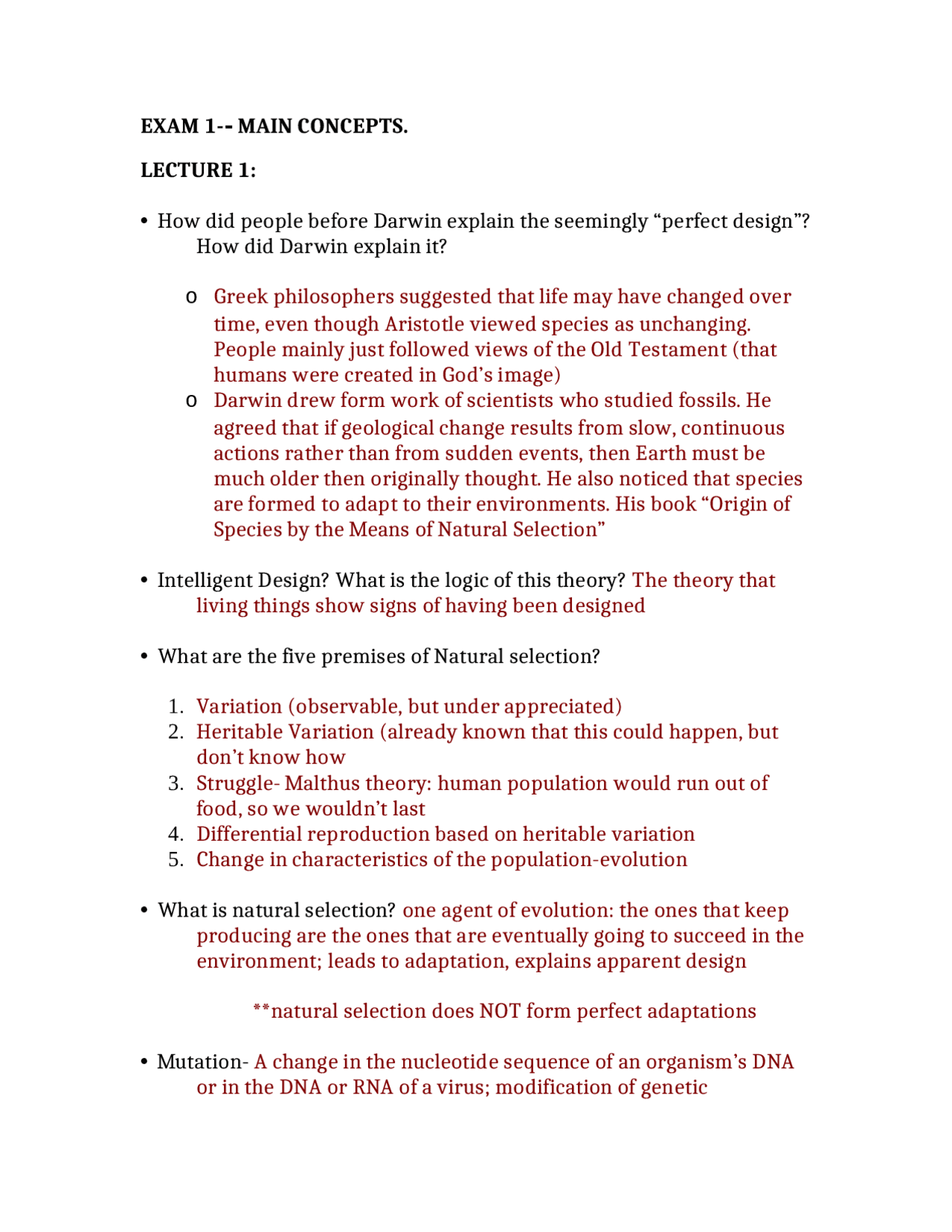 Review for Test 1 - Principles of Biology II | BSCI 106 - Docsity