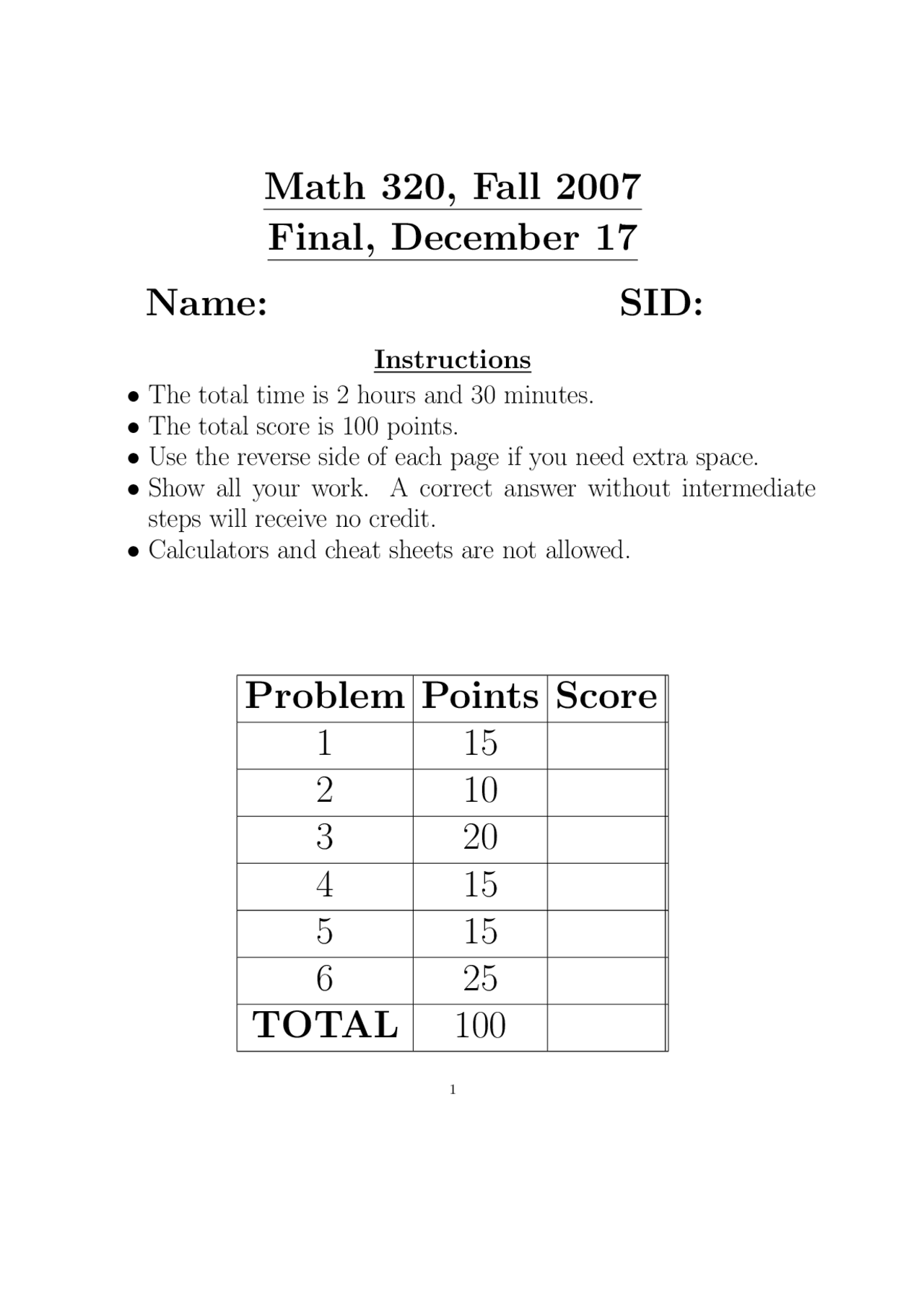 Final Exam for Math 320, Fall 2007 | Exams Mathematics | Docsity