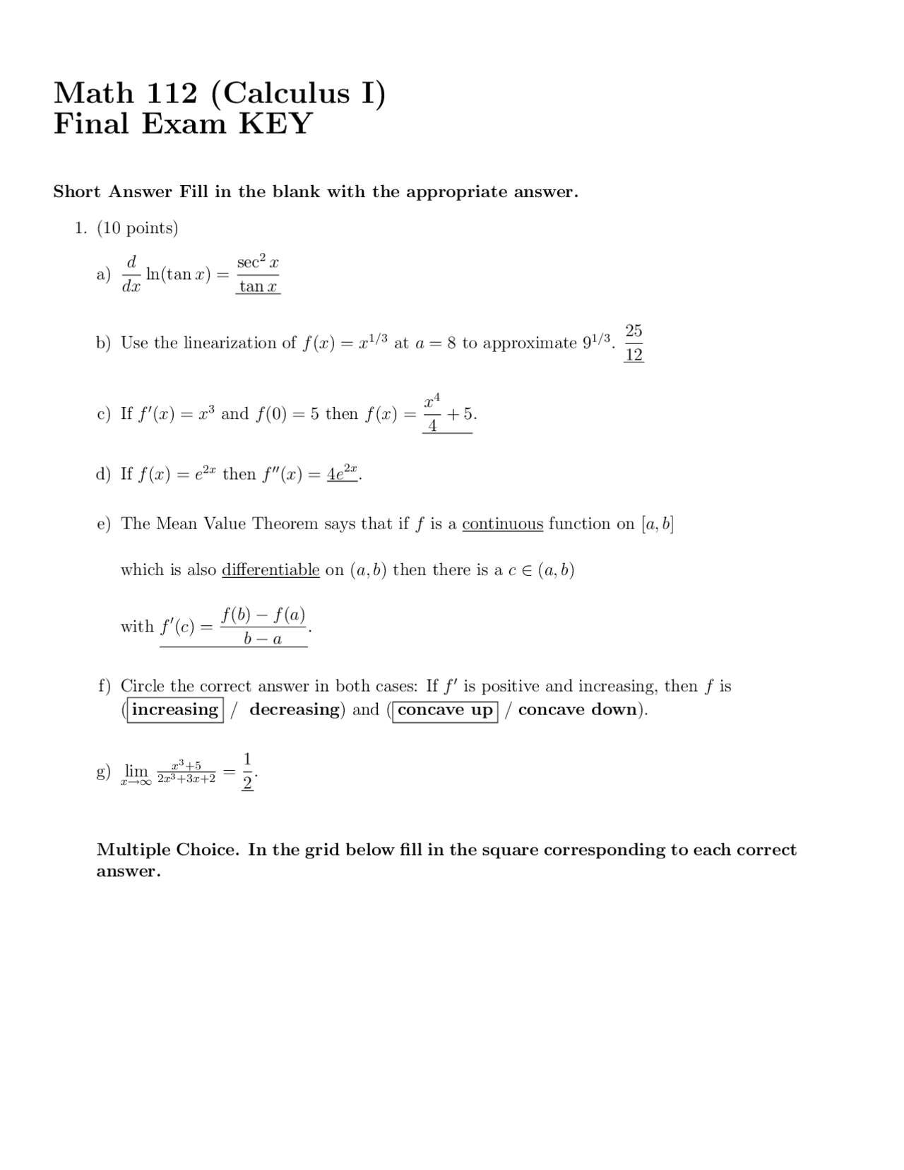 Linearization - Calculus - Solved Exam - Docsity