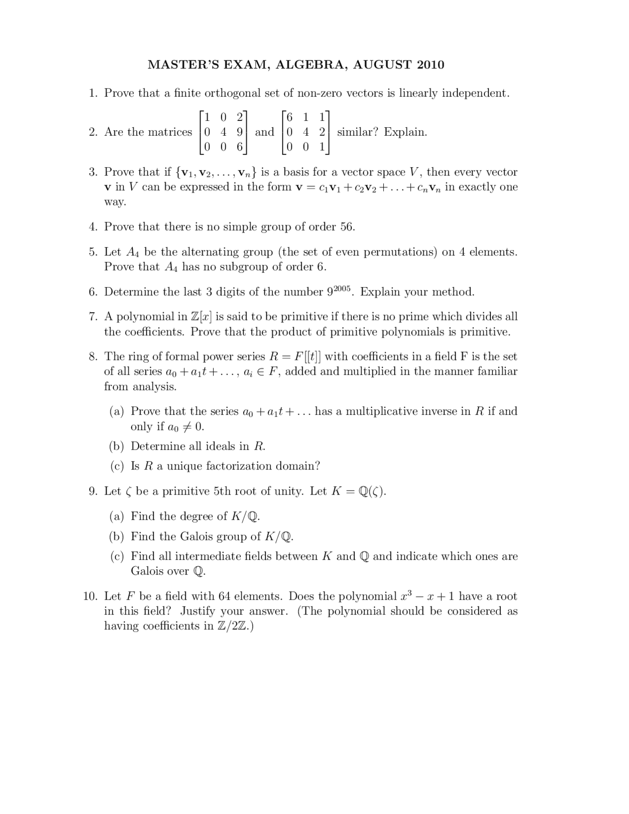 Matrices - Algebra - Exam | Exams Algebra | Docsity