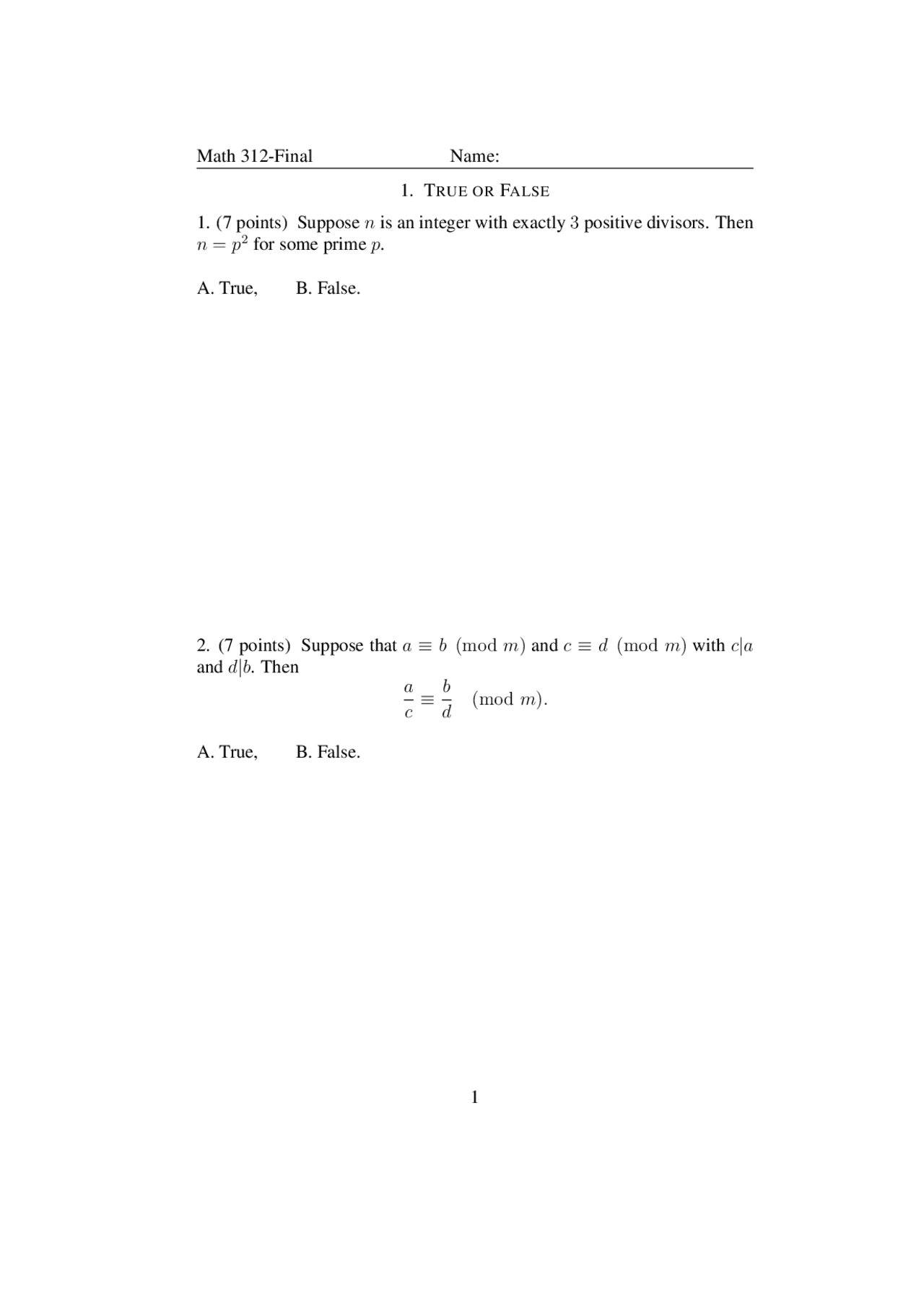 Integer - Mathematics - Exam - Docsity