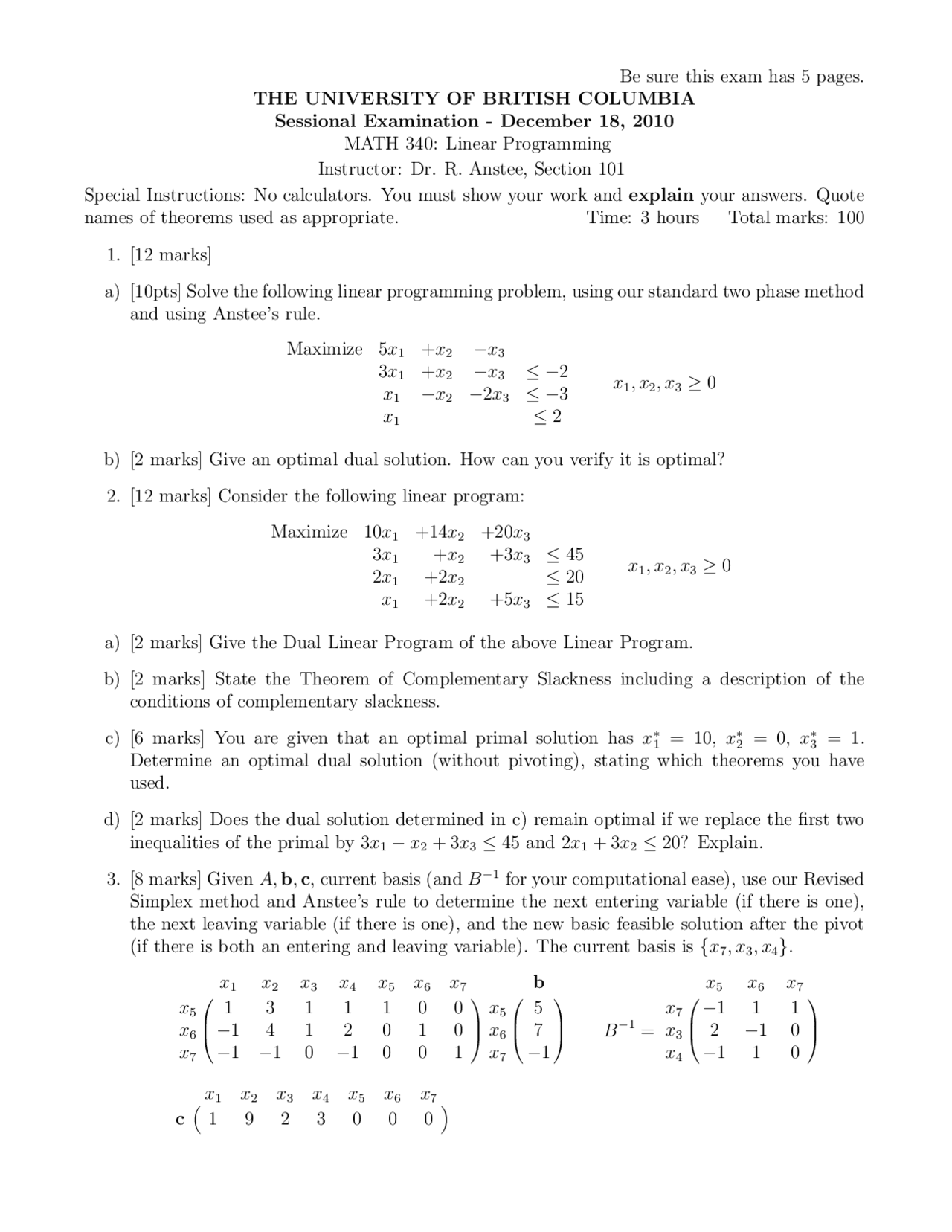 Linear Programming - Linear Programming - Exam - Docsity