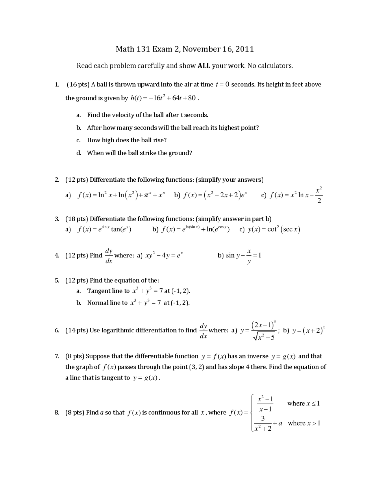 Highest Point Calculus Exam Docsity