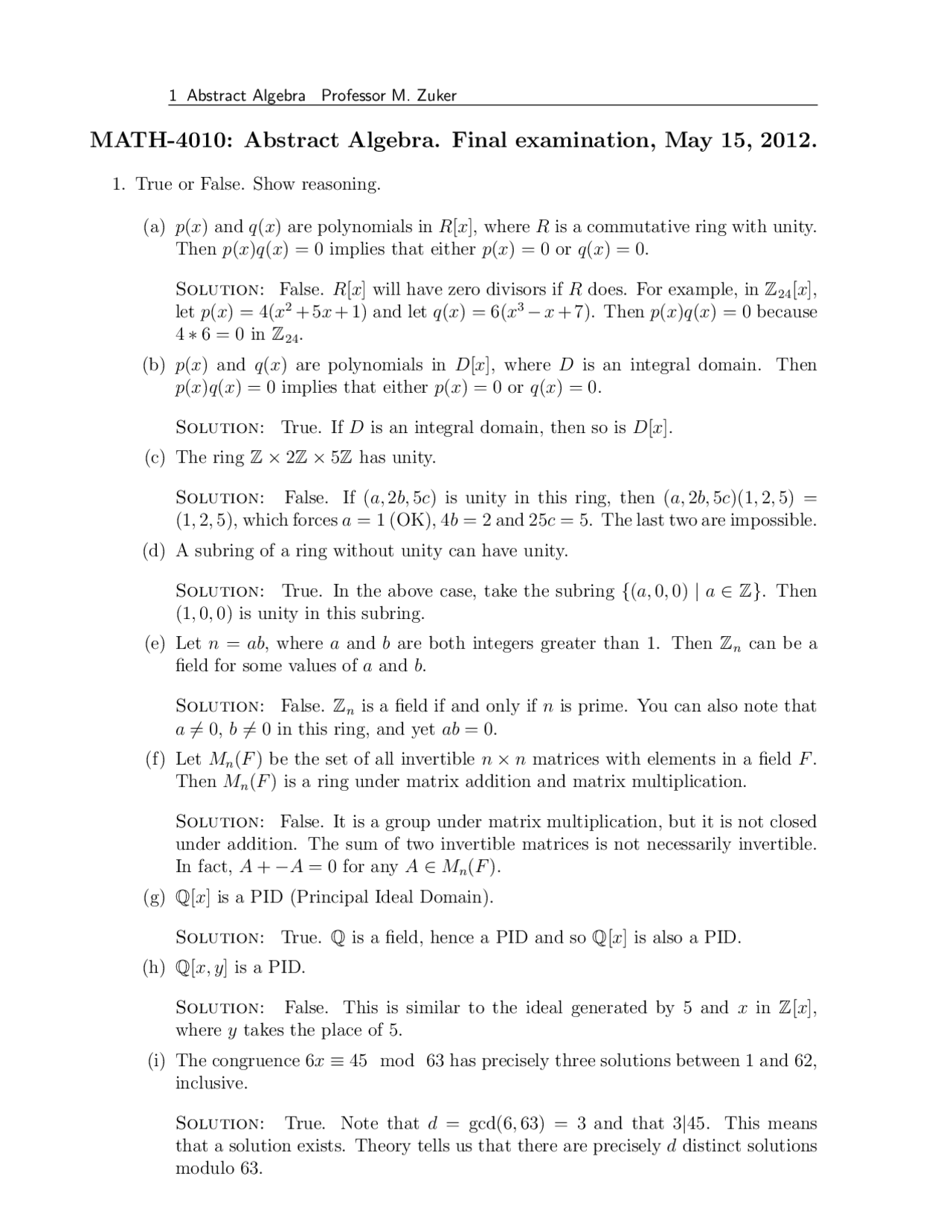 Polynomials Abstract Algebra Solved Exam Docsity