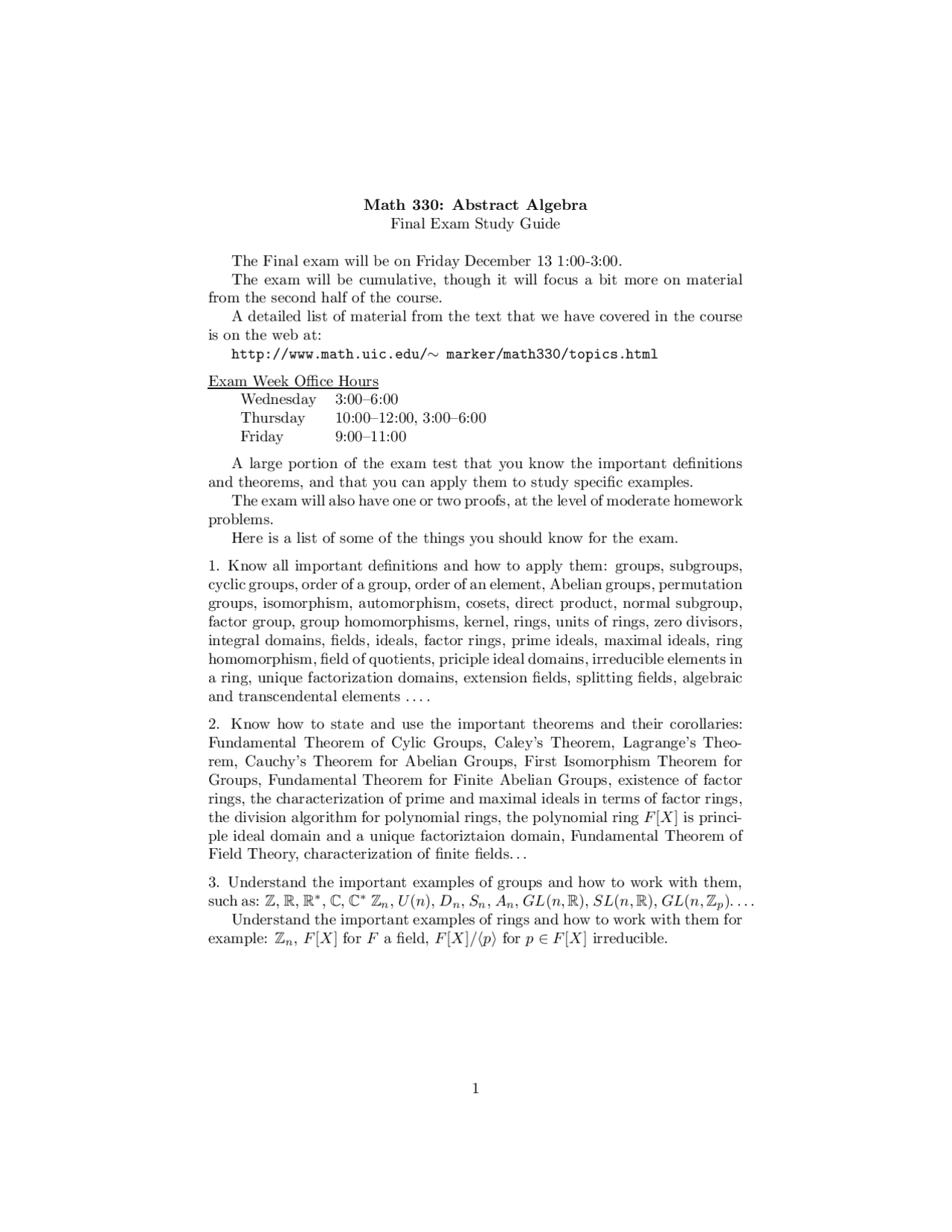 Math 330 Abstract Algebra: Final Exam Study Guide | Exams Algebra | Docsity