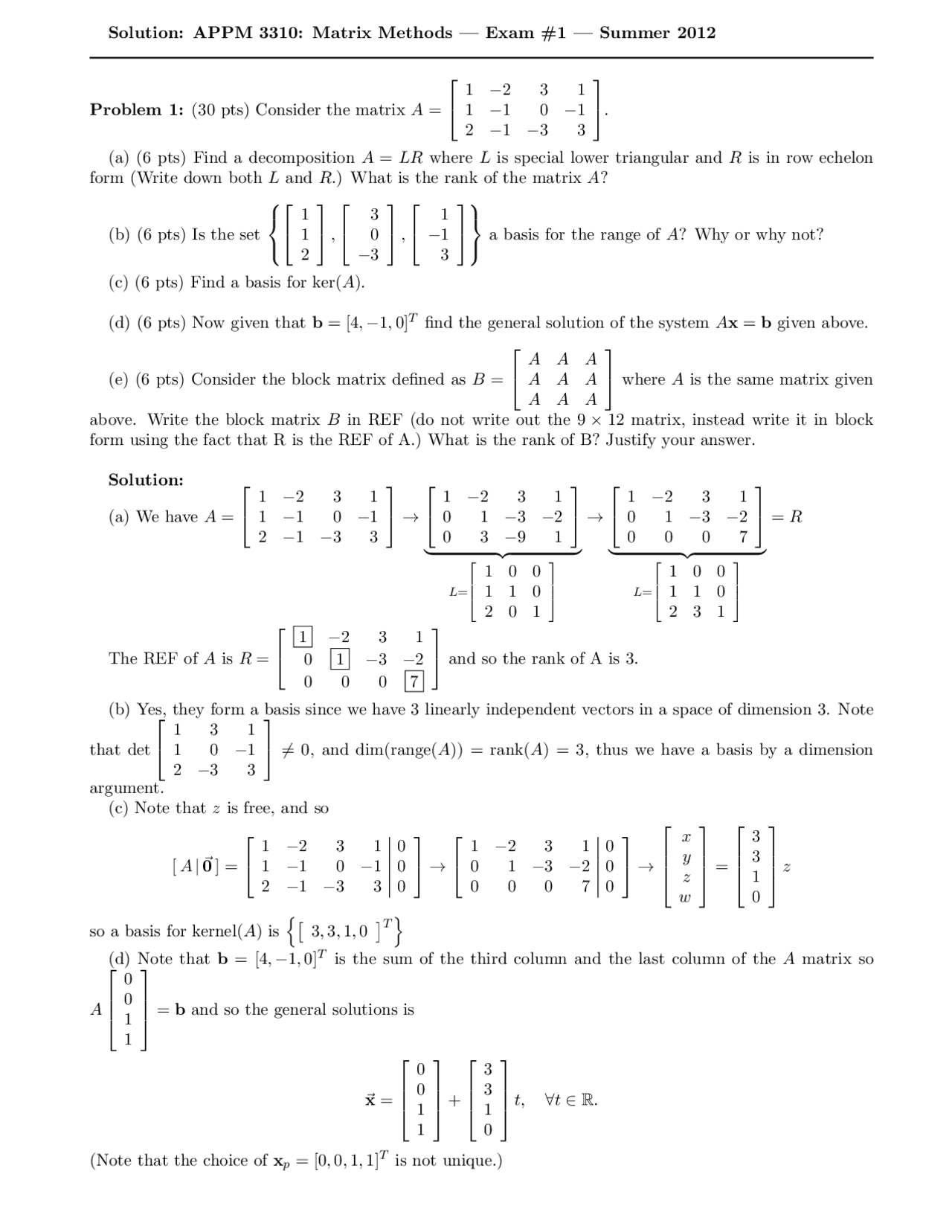 Unique Solution Matrix Pattern Unique Solution - Matrix Methods - Solved Exam - Docsity