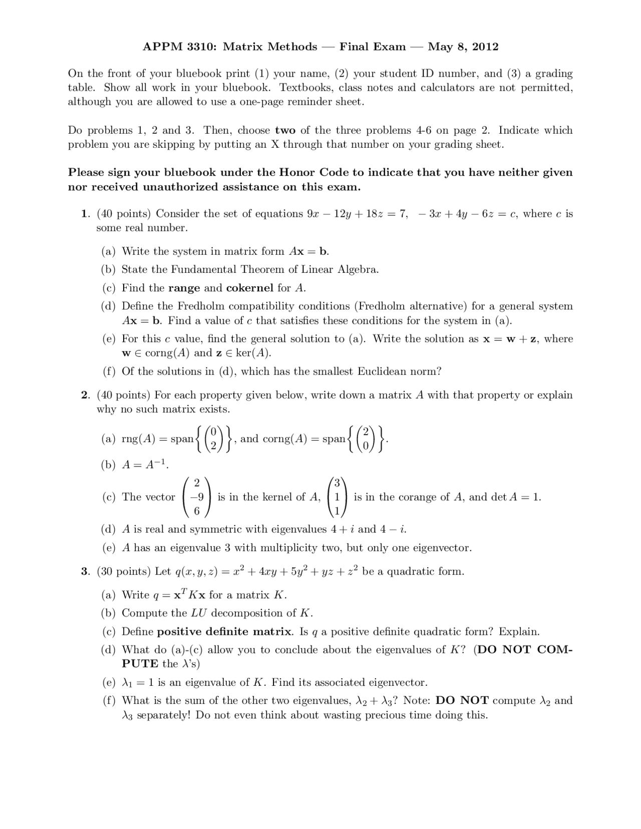 System in Matrix - Matrix Methods - Exam - Docsity