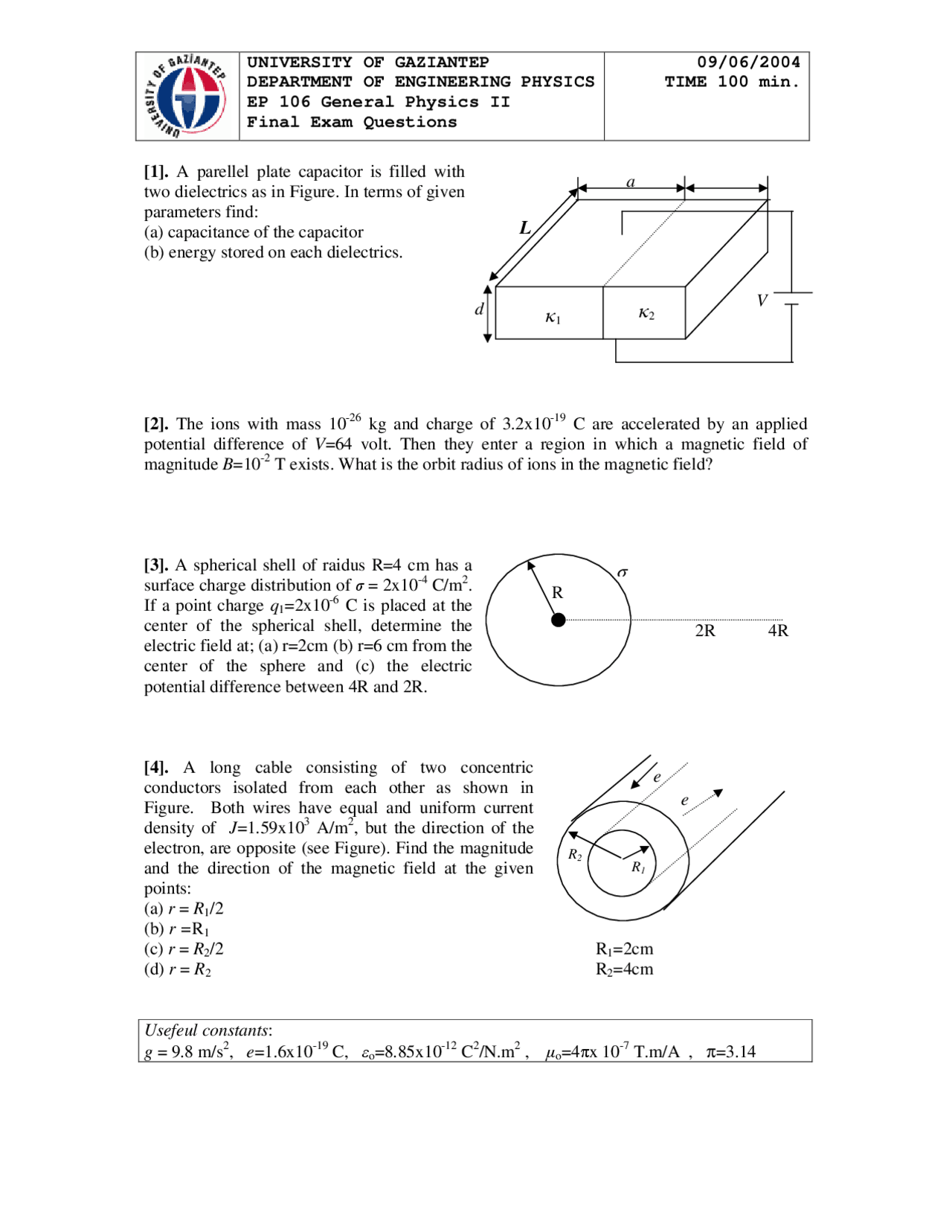 Orbit Radius Of Ions General Physics Past Paper Docsity